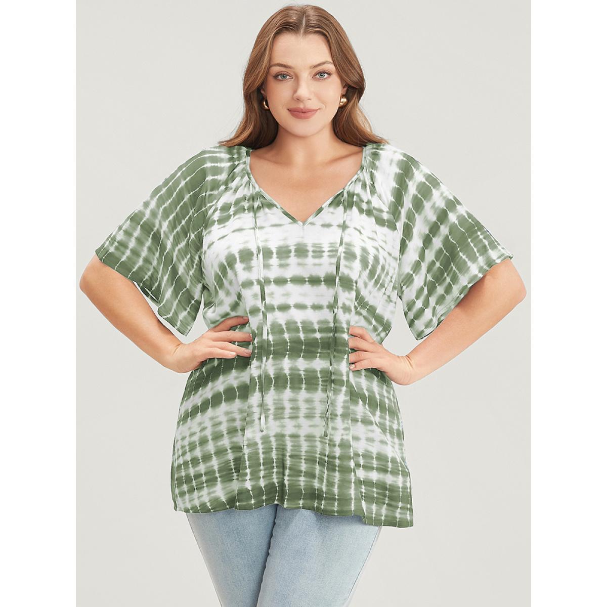 Plus Size Sage Tie Dye Raglan Sleeve Tie V Neck Blouse Women Vacation Short sleeve V-neck Dailywear Blouses BloomChic 30/6X Product Image