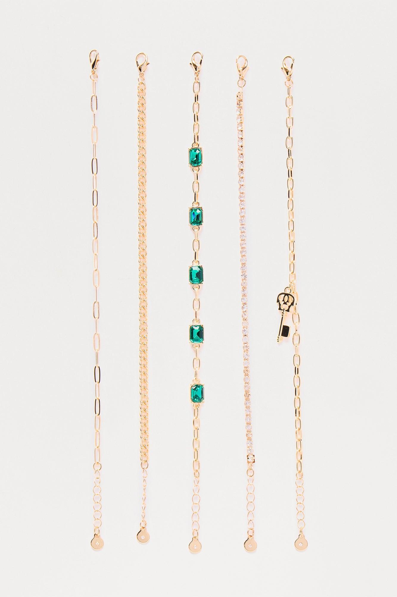 Charmed Life Rhinestone & Jewels 5 Piece Bracelet Set - Gold/Green Female Product Image