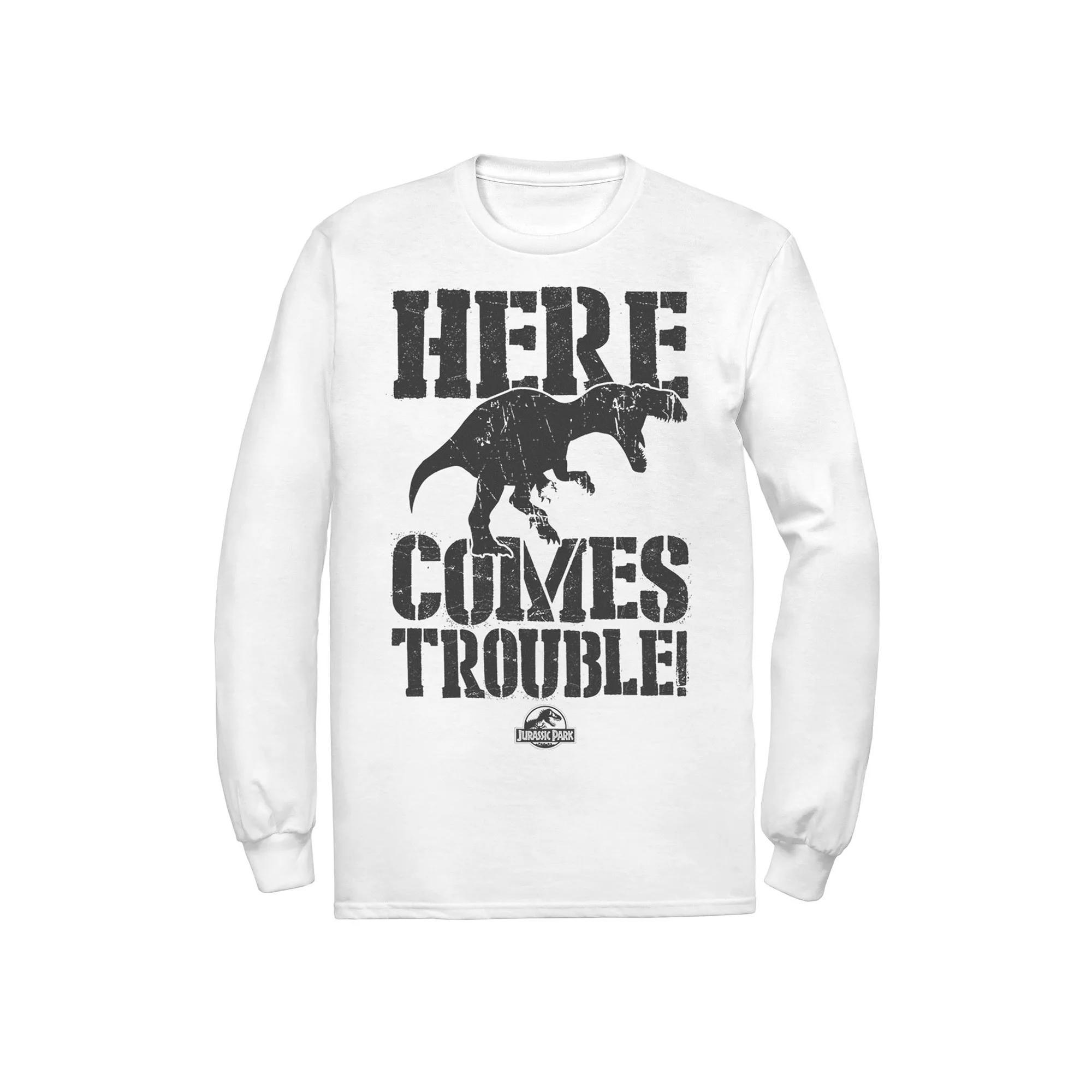 Men's Jurassic Park Here Comes Trouble Long Sleeve Graphic Tee, Size: Medium, Athletic Grey Product Image