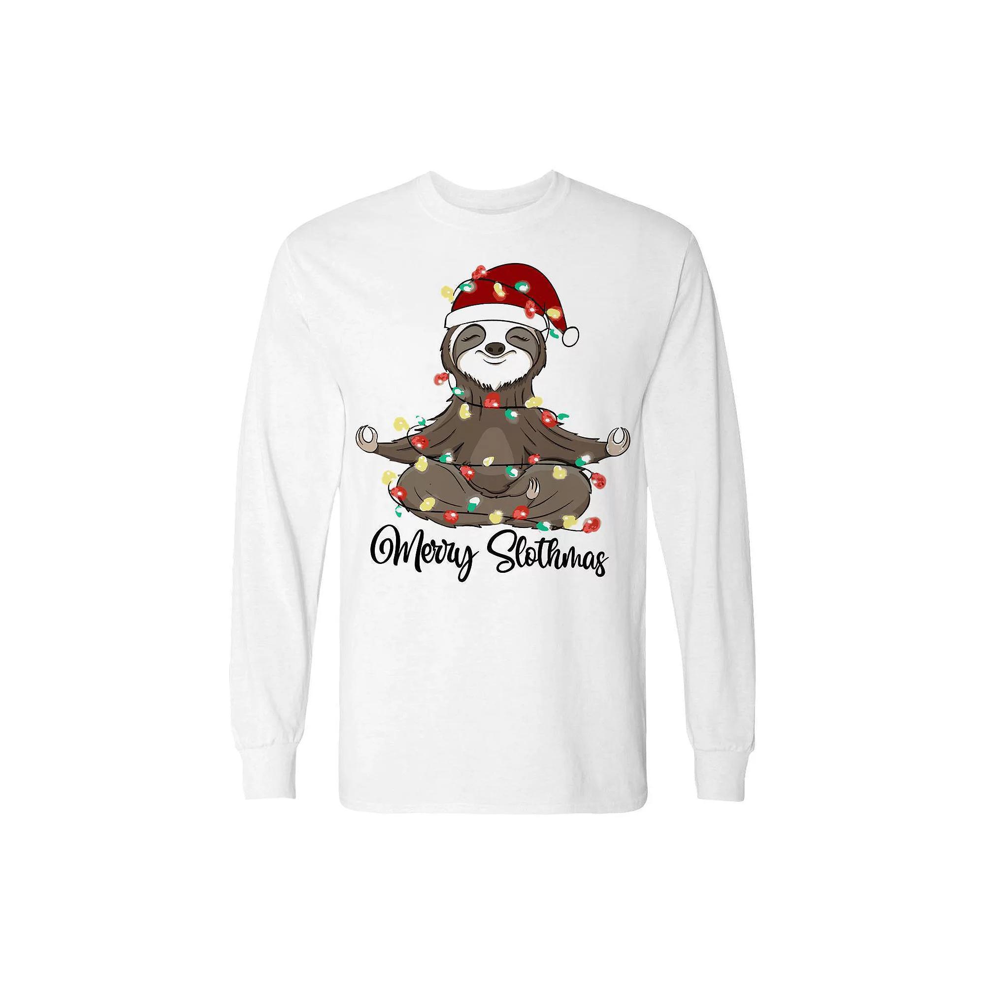 Men's Christmas Merry Slothmas Long Sleeve Graphic Tee, Size: Medium, White Product Image