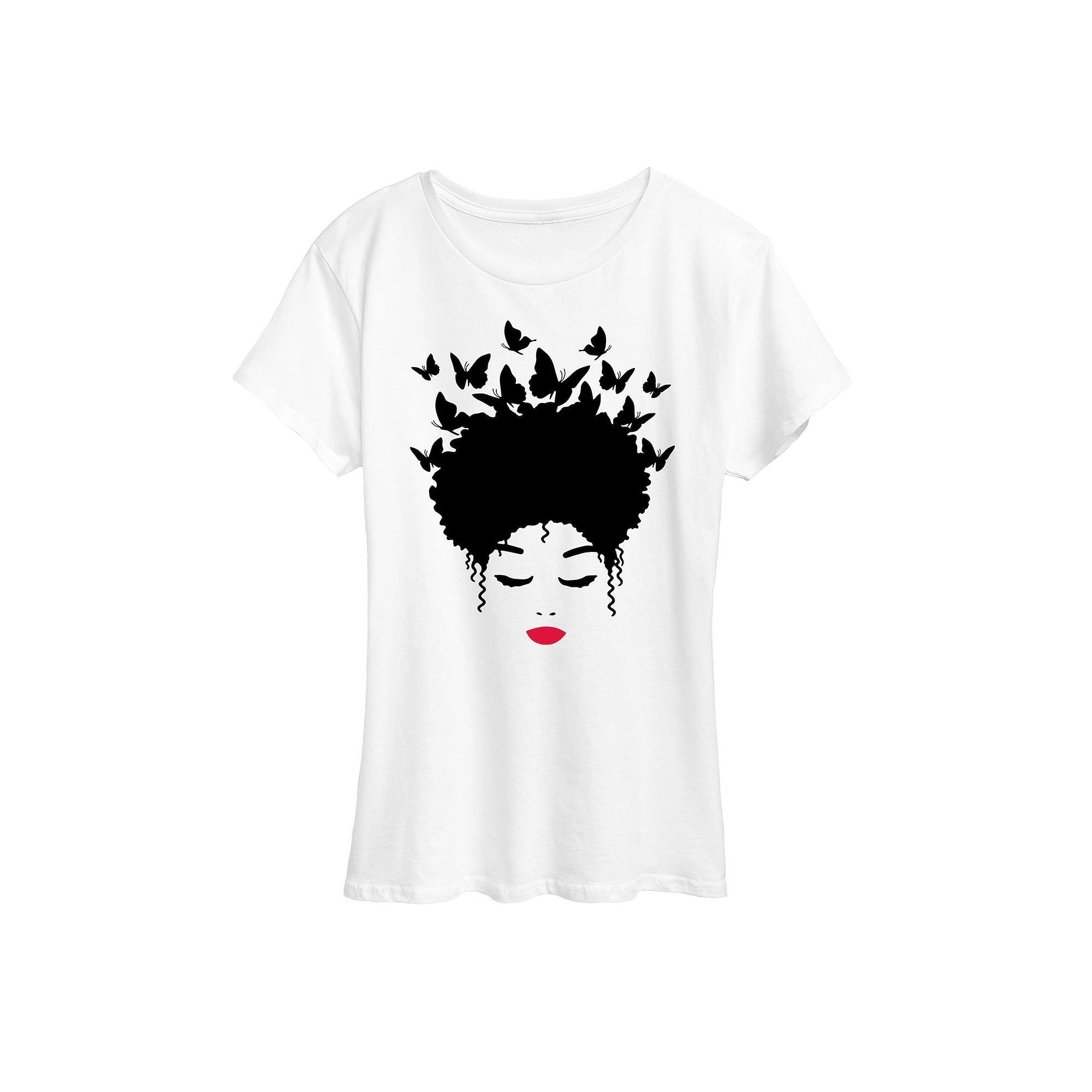 Plus Woman of Color Black Butterfly Hair Graphic Tee, Womens Product Image