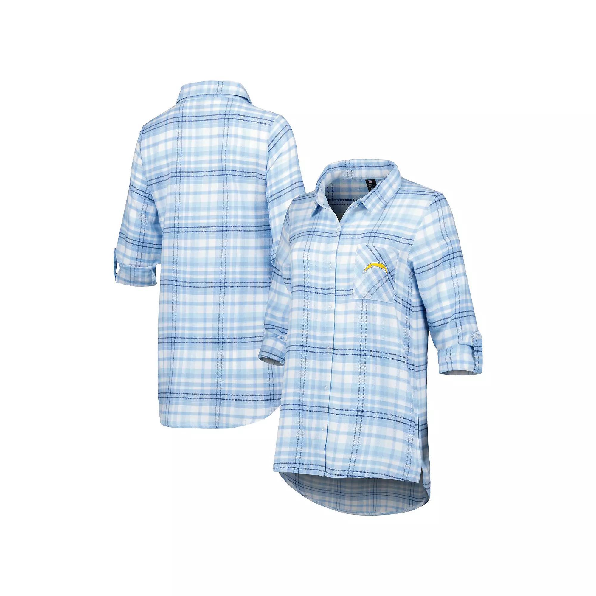 Women's Concepts Sport Powder Blue/Navy Los Angeles Chargers Mainstay Flannel Full-Button Long Sleeve Nightshirt, Size: Medium, Light Product Image