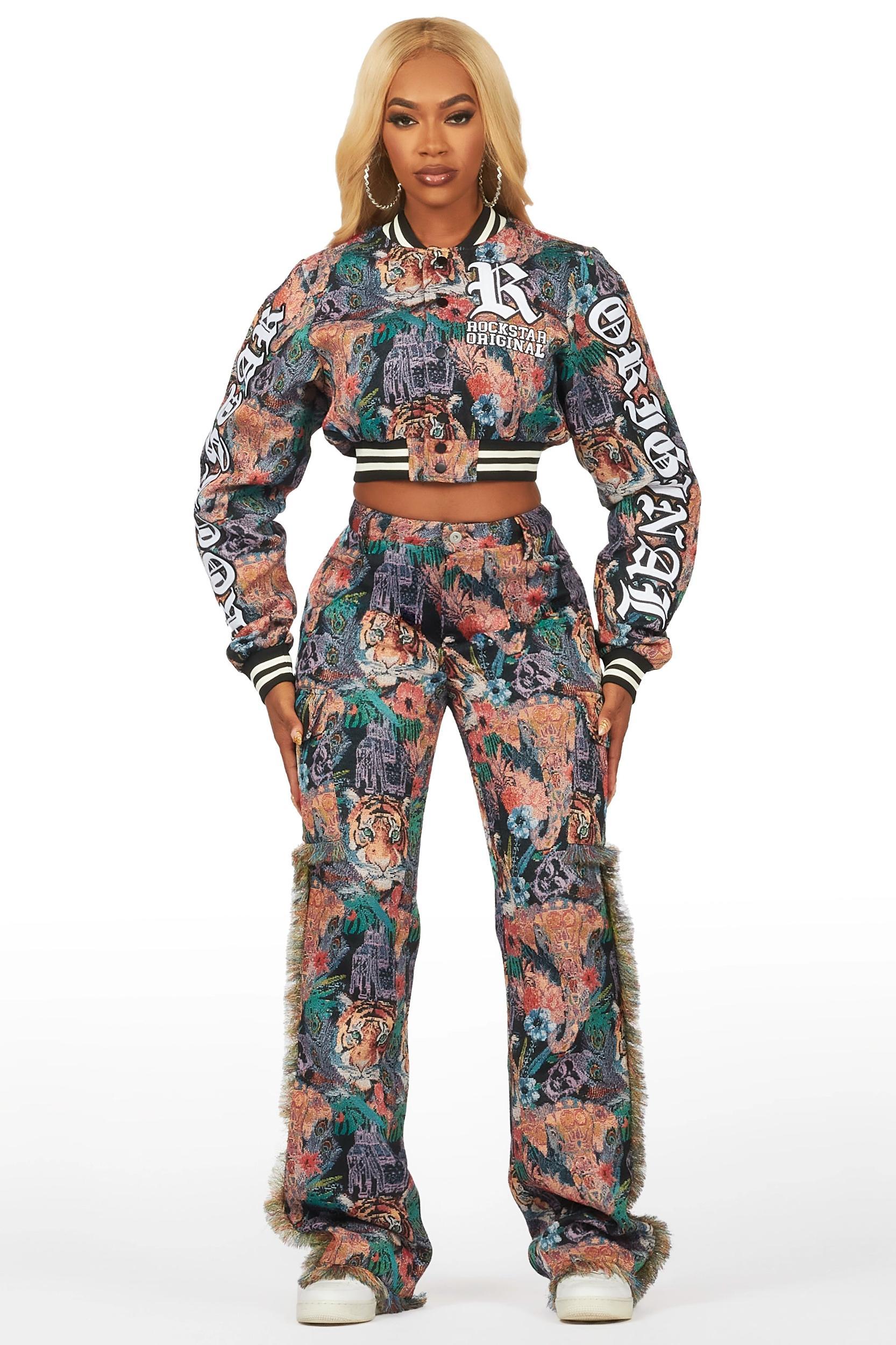 Rena Black Tapestry Stacked Pant Female Product Image