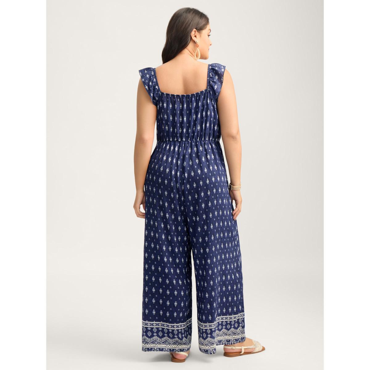 Plus Size Indigo Rayon Boho Print Stretchy Waist Jumpsuit Women Sleeveless Non Vacation Loose Jumpsuits BloomChic 18-20/2X Product Image