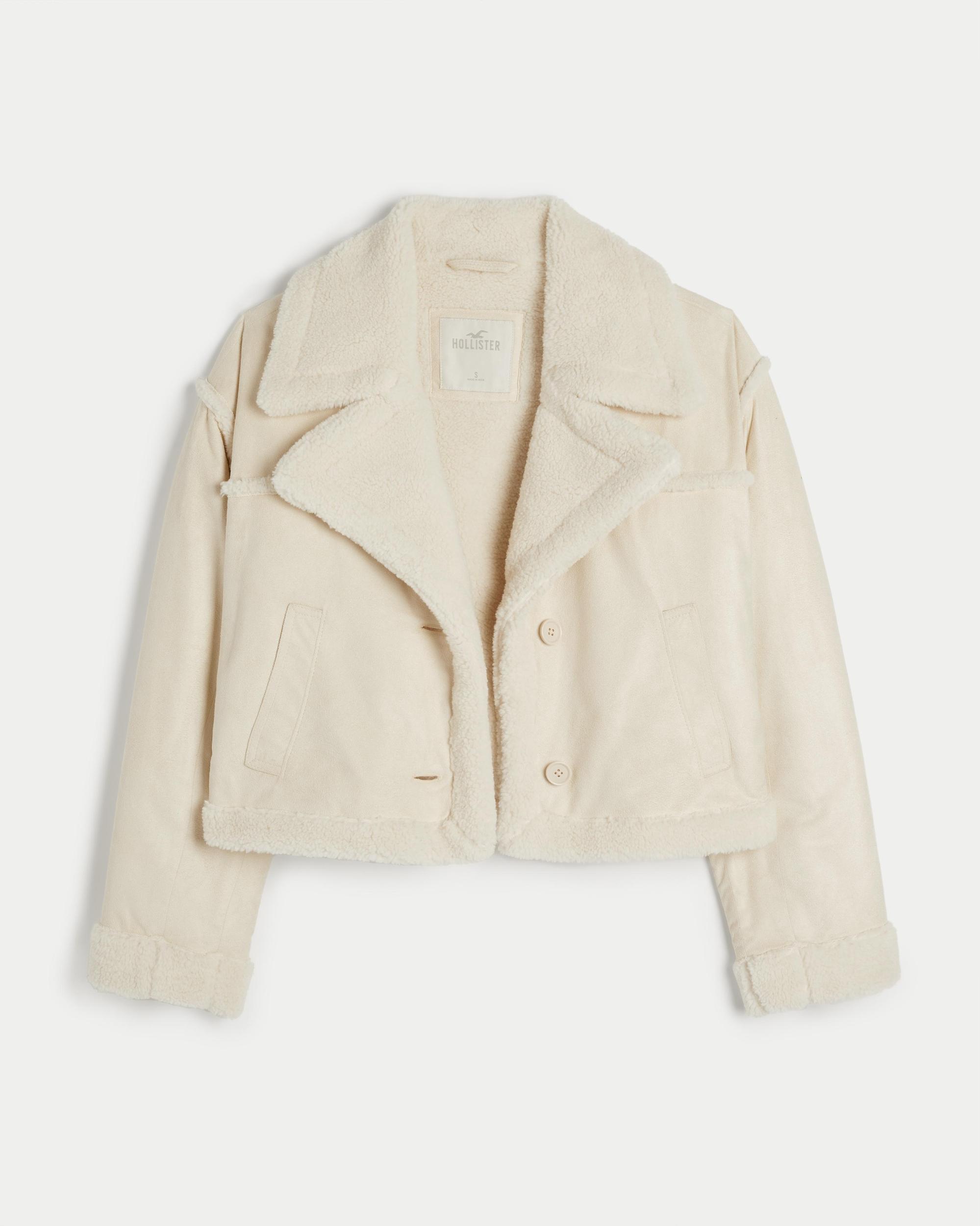 Sherpa-Lined Faux Suede Crop Biker Jacket Product Image