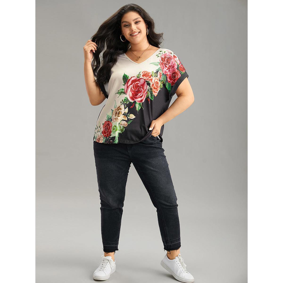 Plus Size Boho Print Roll Batwing Sleeve T-shirt Black Women Casual Contrast Floral V-neck Dailywear T-shirts BloomChic 18-20/2X Product Image