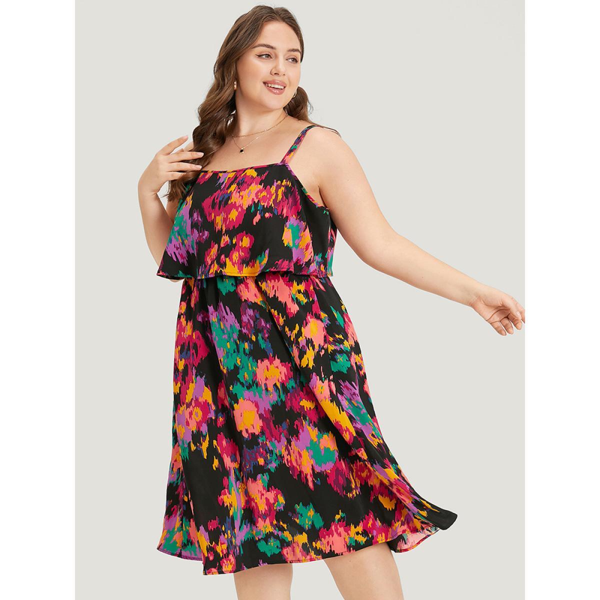 Plus Size Pixel Flower Pocket Gathered Cami Dress Multicolor Women Elegant Pocket Spaghetti Strap Sleeveless Curvy Midi Dress BloomChic 22-24/3X Product Image