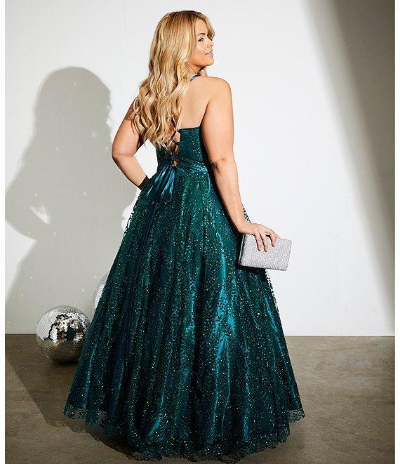 Blondie Nites Plus Size Glitter Dot Pattern Sweetheart Neck Pinch Front Spaghetti Strap Tie Back Ballgown Product Image