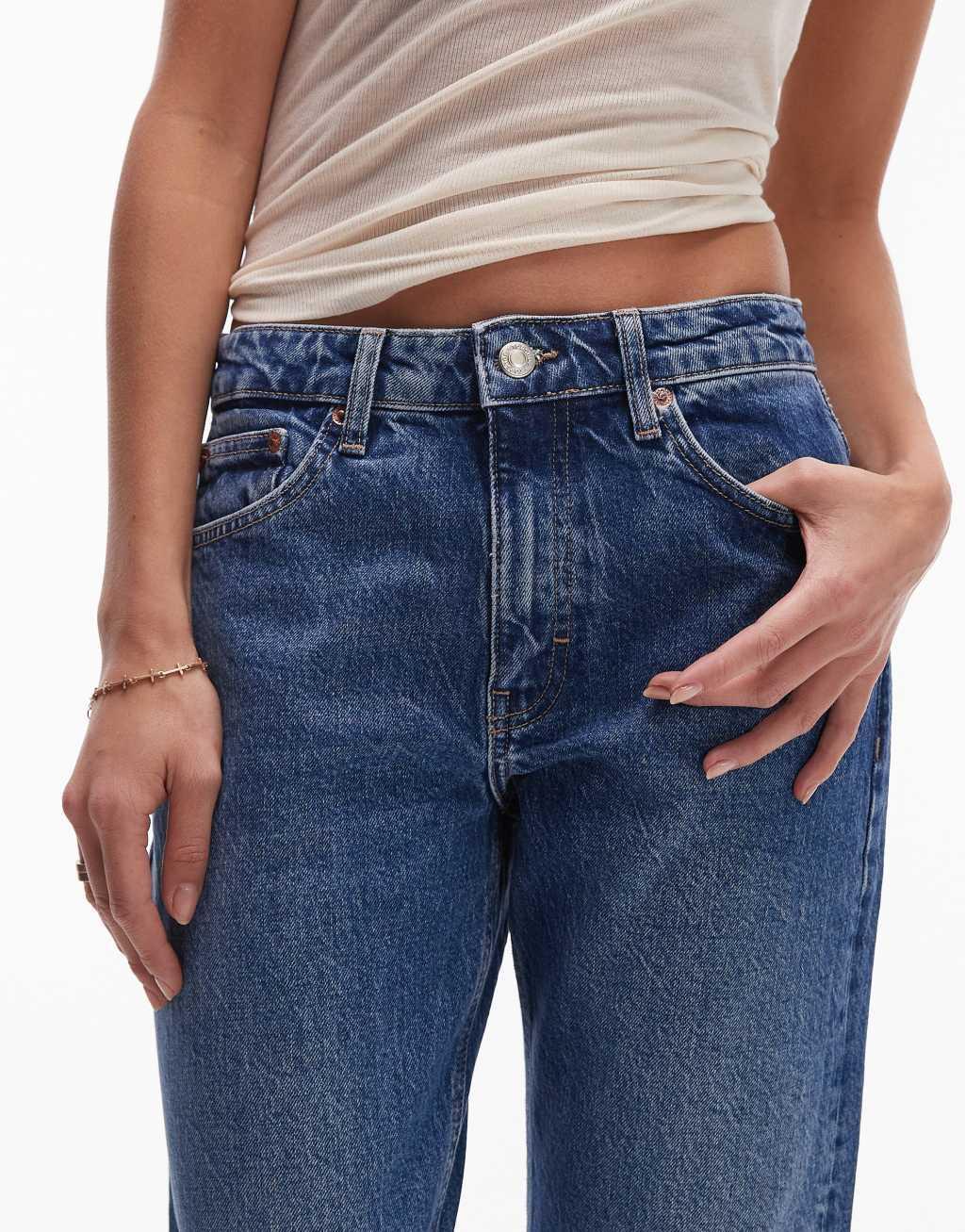Topshop cropped mid rise straight jeans with raw hems in mid blue  Product Image