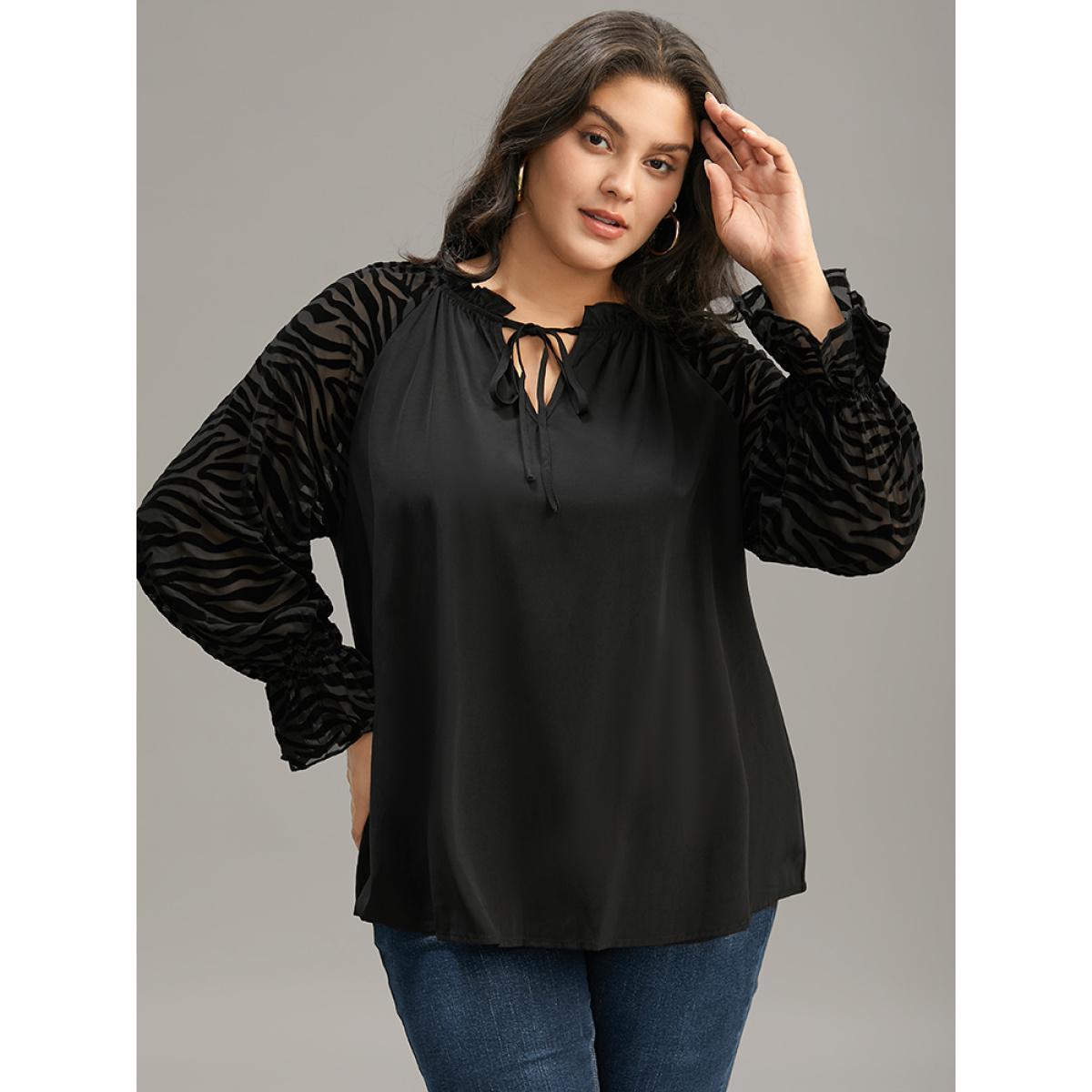 Plus Size Black Halloween Zebra Print Tie Neck Frill Trim Patchwork Blouse Women Elegant Long Sleeve Tie Neck Dailywear Blouses BloomChic 30/6X Product Image