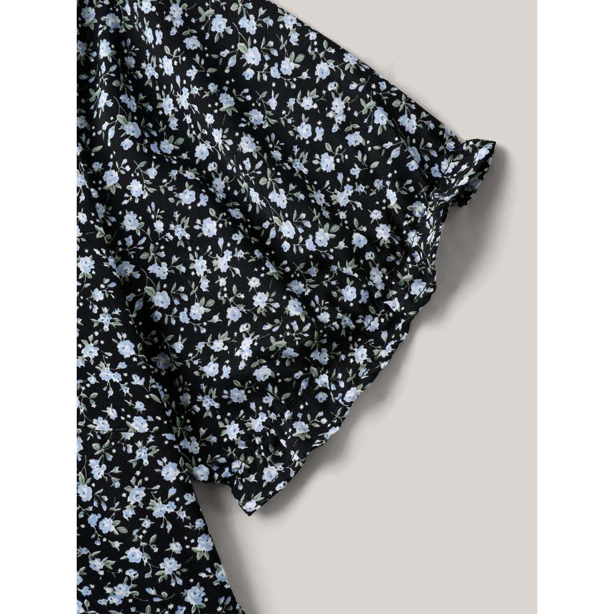 Plus Size Black Ditsy Floral Print Bow-Tie Blouse Women Short sleeve Round Neck Everyday-Elegant Blouses BloomChic 14-16/1X Product Image