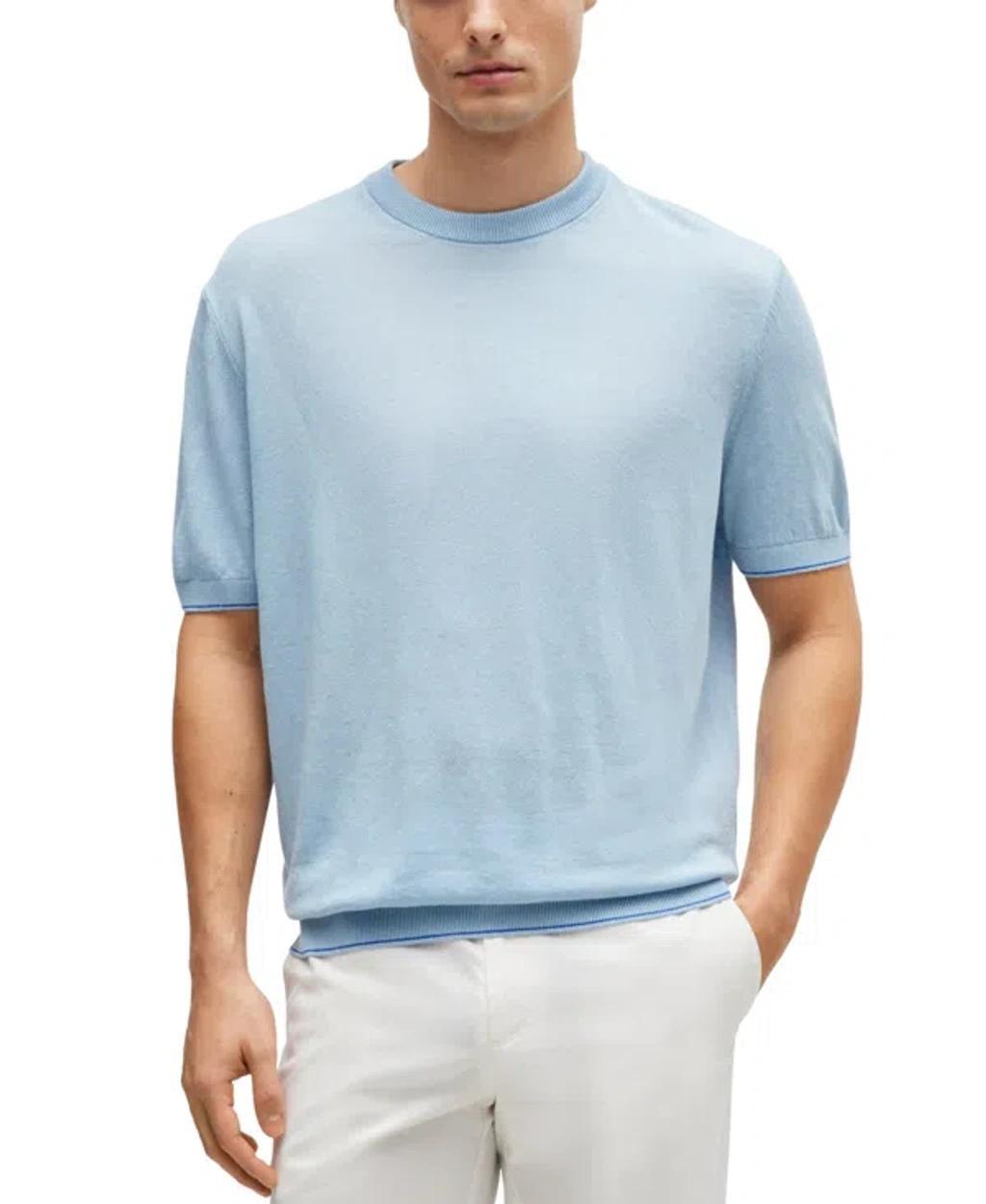 Boss By  Men's Accent Tipping Linen-blend Regular-fit Sweater In Open Blue Product Image