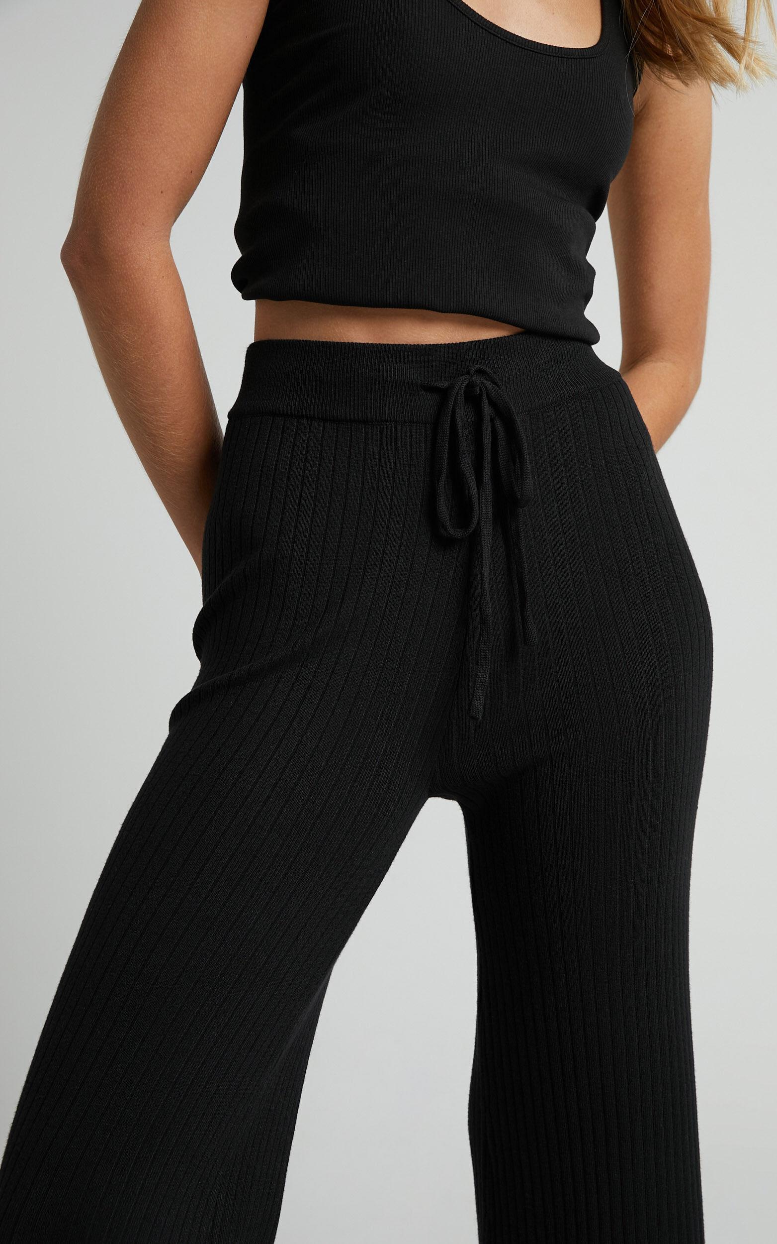 Motto Pants - High Waisted 7/8 Length Ribbed Knit Pants in Black Product Image