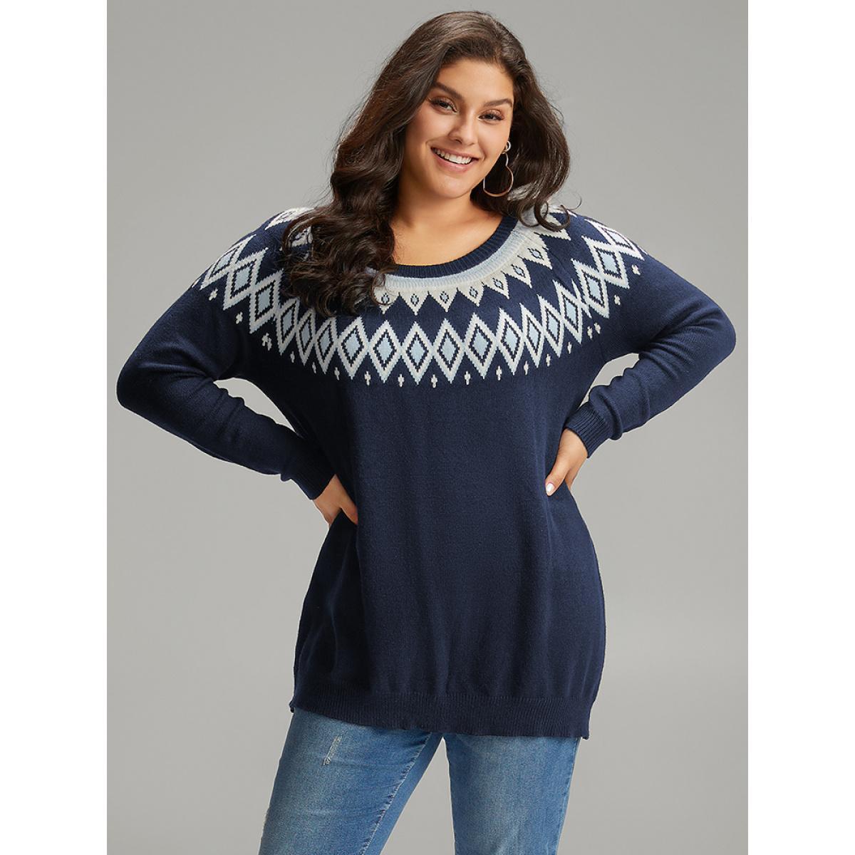 Plus Size Supersoft Essentials Geo Contrast Raglan Sleeve Pullover Indigo Women Casual Loose Long Sleeve Round Neck Dailywear Pullovers BloomChic 18-20/2X Product Image