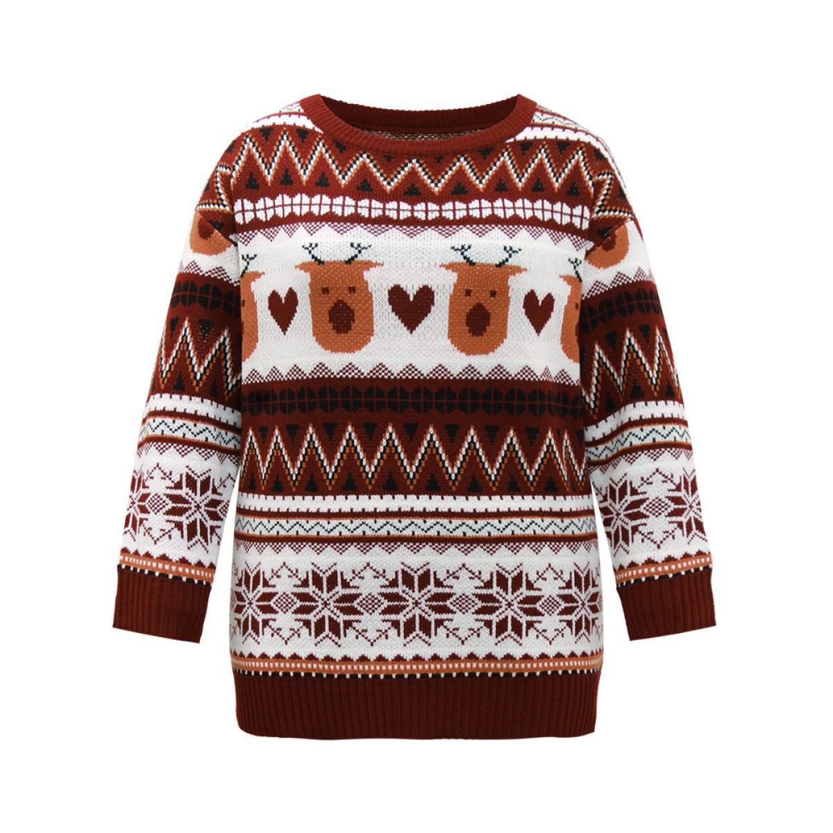 Plus Size Christmas Geometric Round Neck Pullover Scarlet Women Casual Long Sleeve Round Neck Festival-Christmas Pullovers BloomChic 14-16/1X Product Image