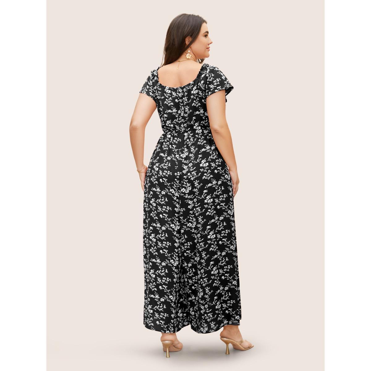 Plus Size Black Crew Neck Ditsy Floral Tie Knot Jumpsuit Women Elegant Cap Sleeve Round Neck Everyday Loose Jumpsuits BloomChic 22-24/3X Product Image