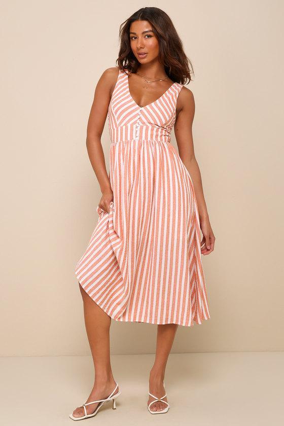 Sun-Kissed Cutie Orange Striped Backless Midi Dress Product Image