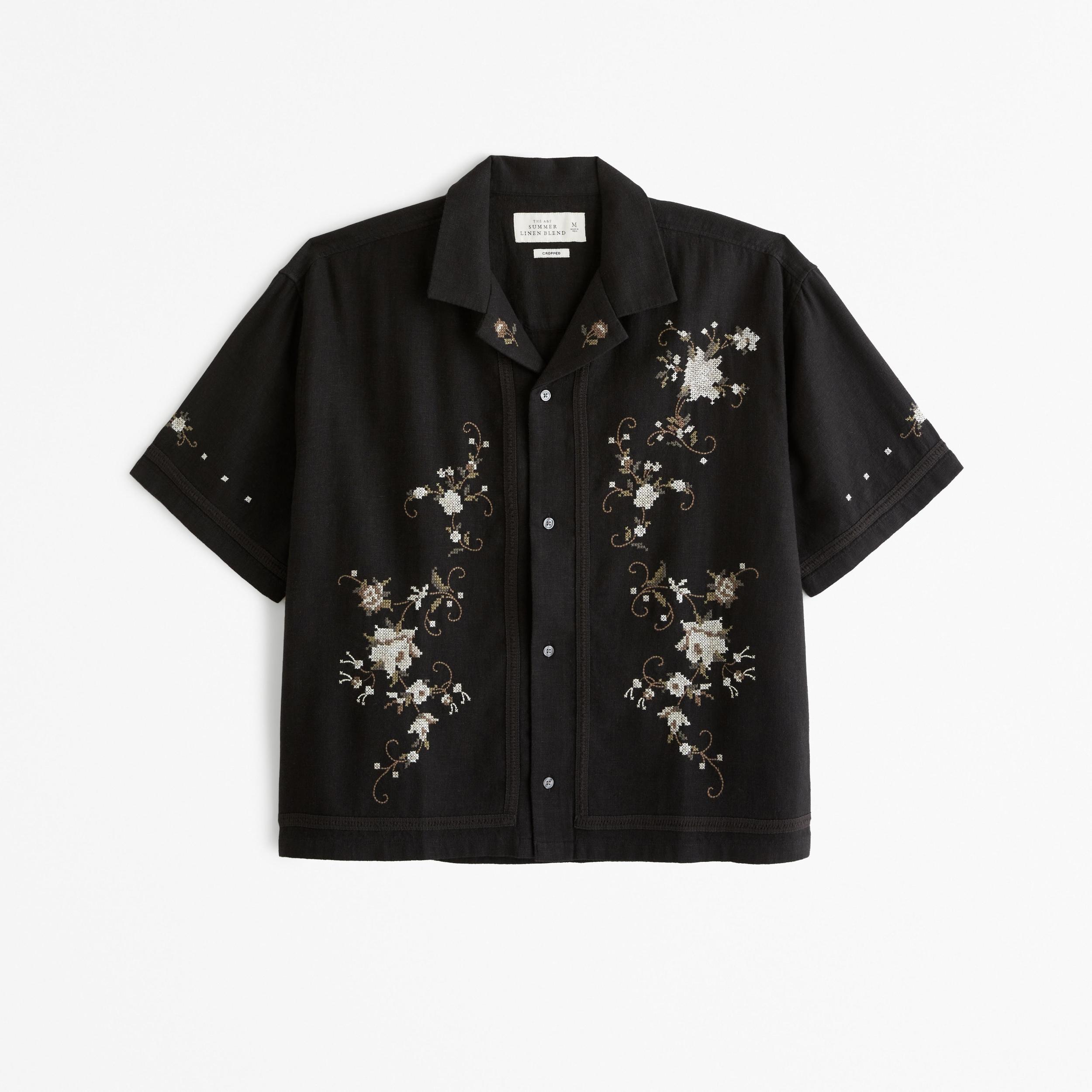 Camp Collar Cropped Summer Linen-Blend Embroidered Shirt Product Image