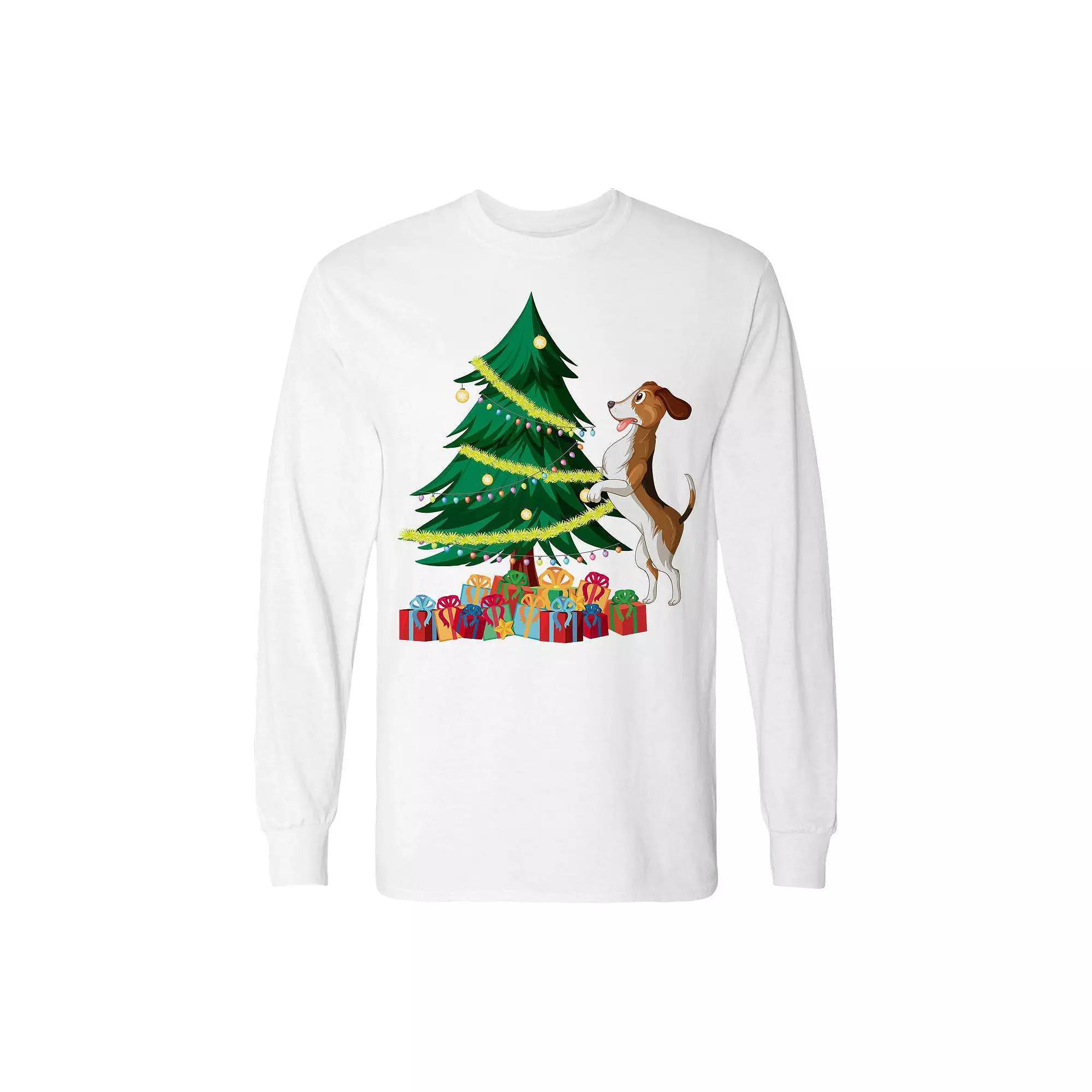 Men's Christmas Tree Dog Long Sleeve Graphic Tee, Size: Medium, Black Product Image