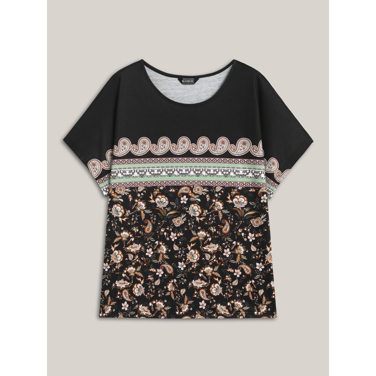 Plus Size Paisley Contrast Print Half Sleeve T-Shirt Black Women Casual Contrast Round Neck Vacation T-shirts BloomChic 26/4X Product Image