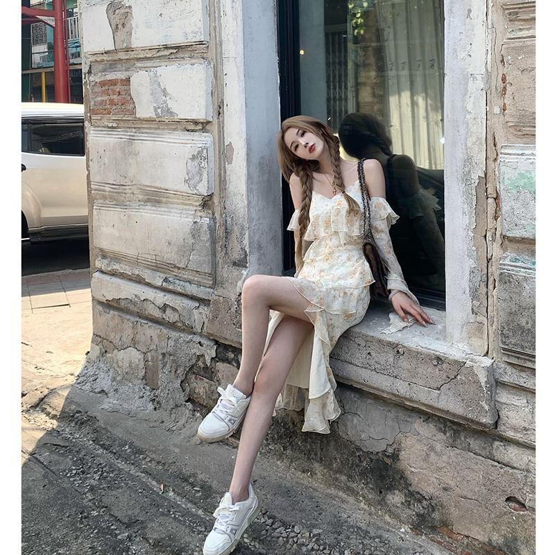 Cold-Shoulder Floral Ruffle Asymmetrical Midi Sundress Dress Product Image
