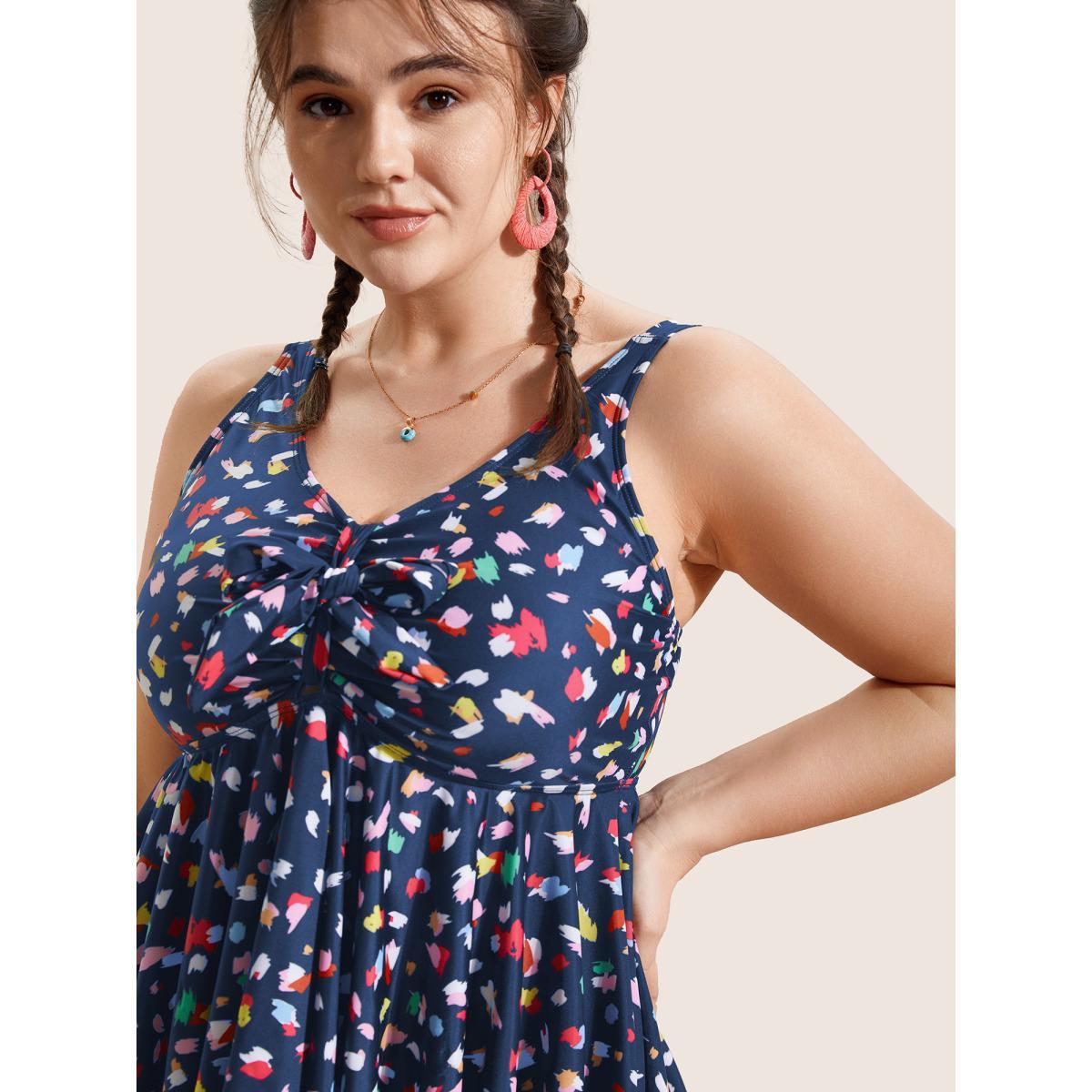 Plus Size Allover Print V Neck Gathered Swim Top Women's Swimwear Aegean Beach Gathered High stretch Bodycon V-neck Curve Swim Tops BloomChic 30/6X Product Image