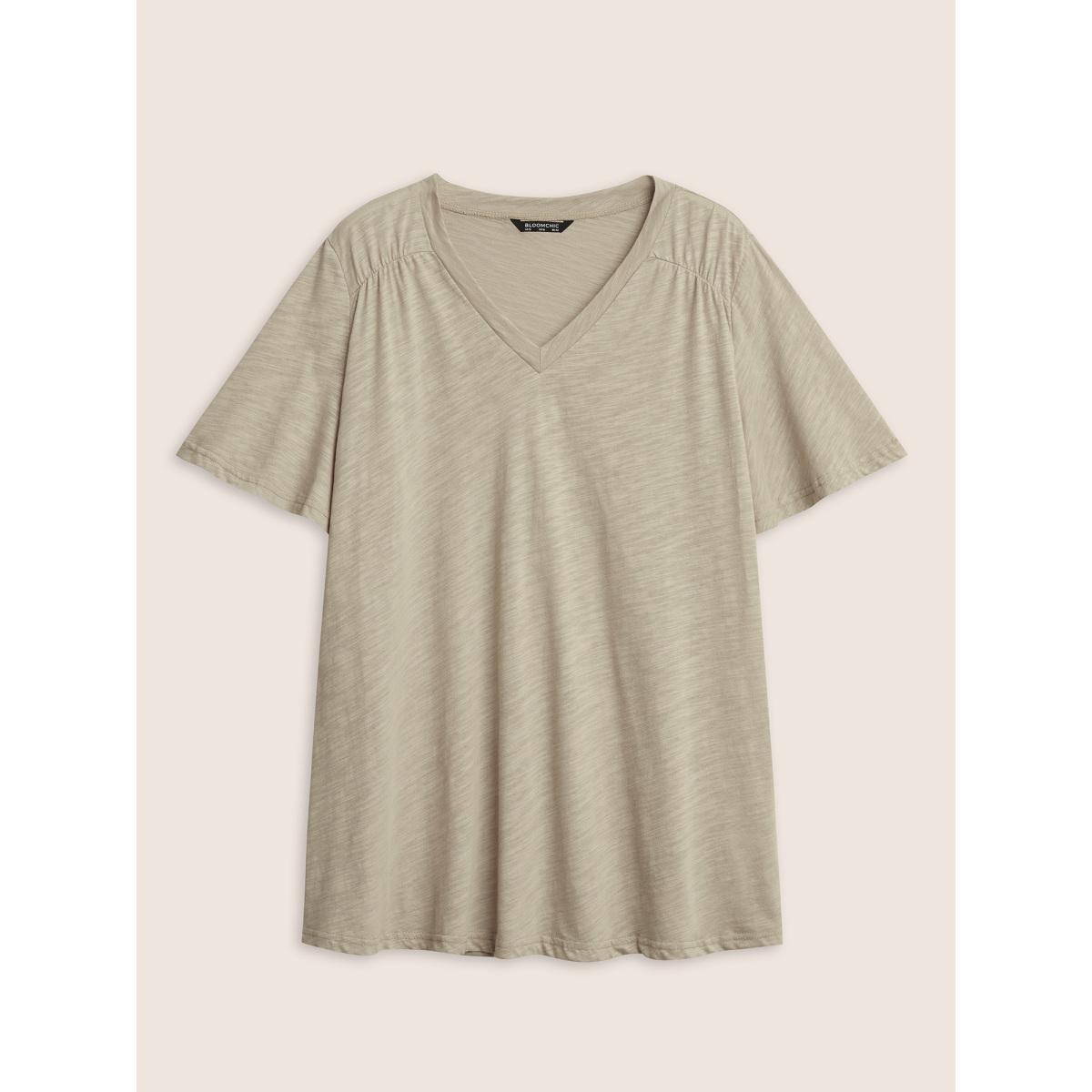 Plus Size Plain Ruffle Sleeve Heather V Neck T-shirt LightBrown Women Casual Plain V-neck Everyday T-shirts BloomChic 28/5X Product Image