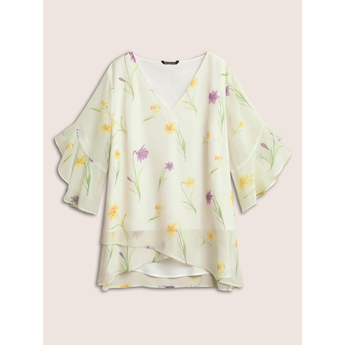 Plus Size Ivory Floral Tiered Mesh Asymmetrical Hem Blouse Women Elegant Everyday Blouses BloomChic 14-16/1X Product Image