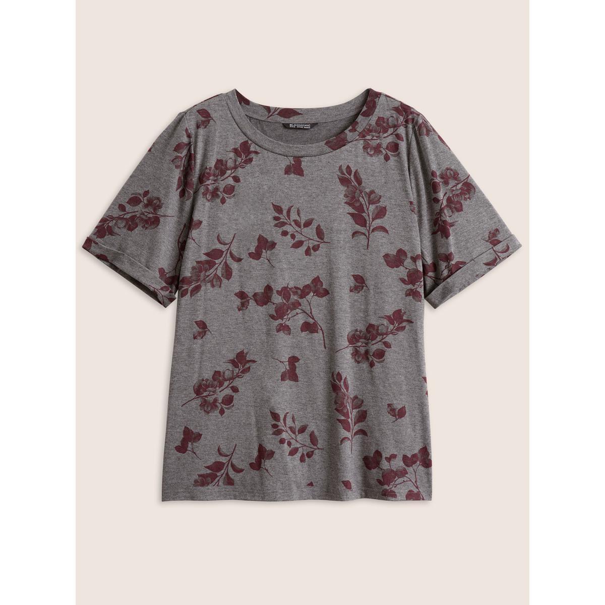 Plus Size Plants Print Roll Hem T-shirt DimGray Women Casual Non Plants Round Neck Everyday T-shirts BloomChic 12/L Product Image