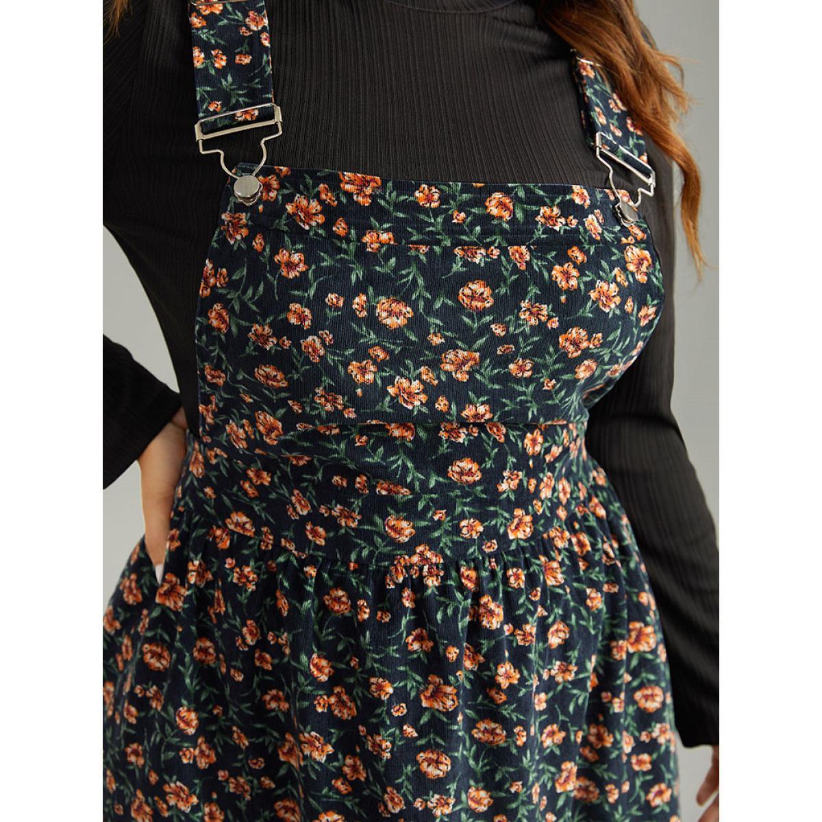 Plus Size Corduroy Ditsy Floral Pocket Adjustable Straps Dress Indigo Women Casual Adjustable Straps Spaghetti Strap Sleeveless Curvy Knee Dress BloomChic 26/4X Product Image