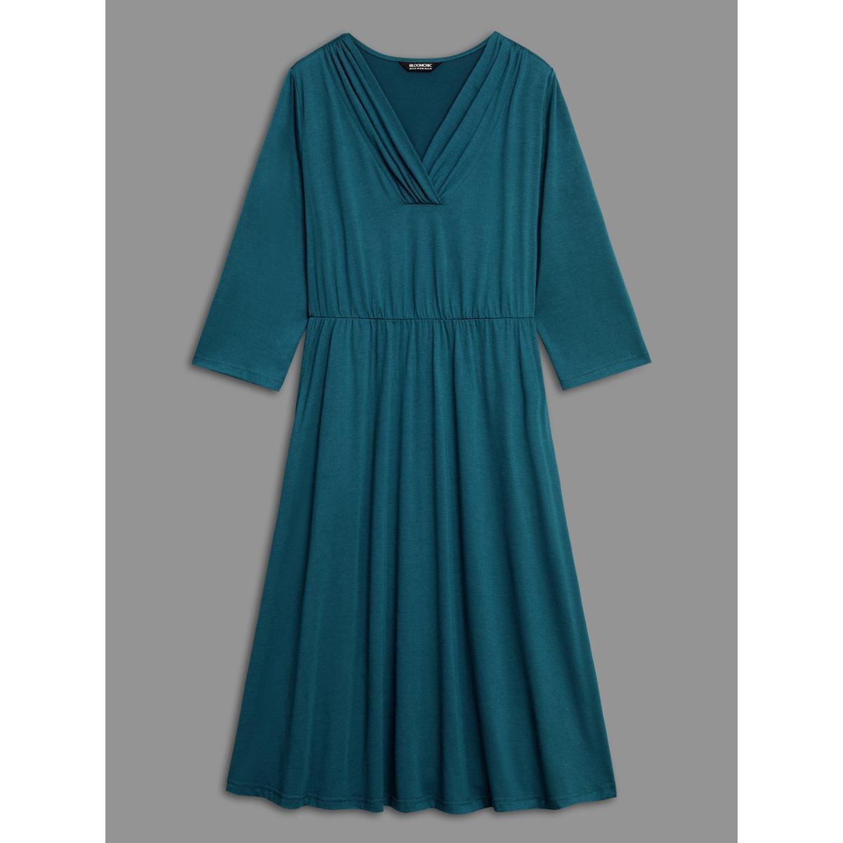 Plus Size V Neck Gathered Midi Knit Dress Aegean Women Casual Gathered Knit Dresses Bloomchic 10/M Product Image