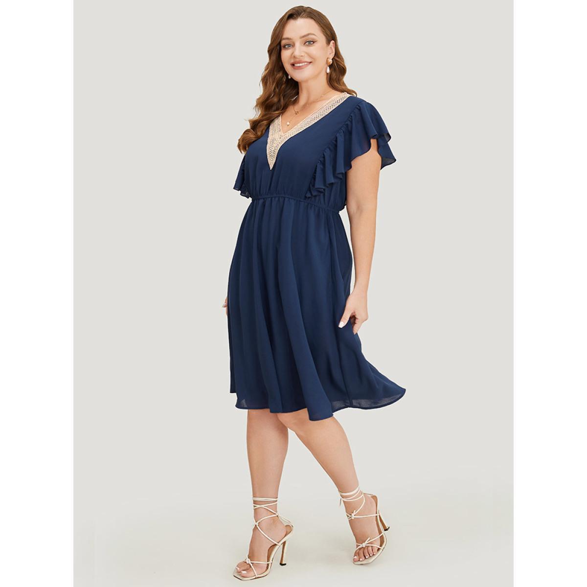 Plus Size Solid Contrast Lace V Neck Pocket Flutter Trim Dress DarkBlue Women Elegant Lace V-neck Cap Sleeve Curvy Knee Dress BloomChic 30/6X Product Image