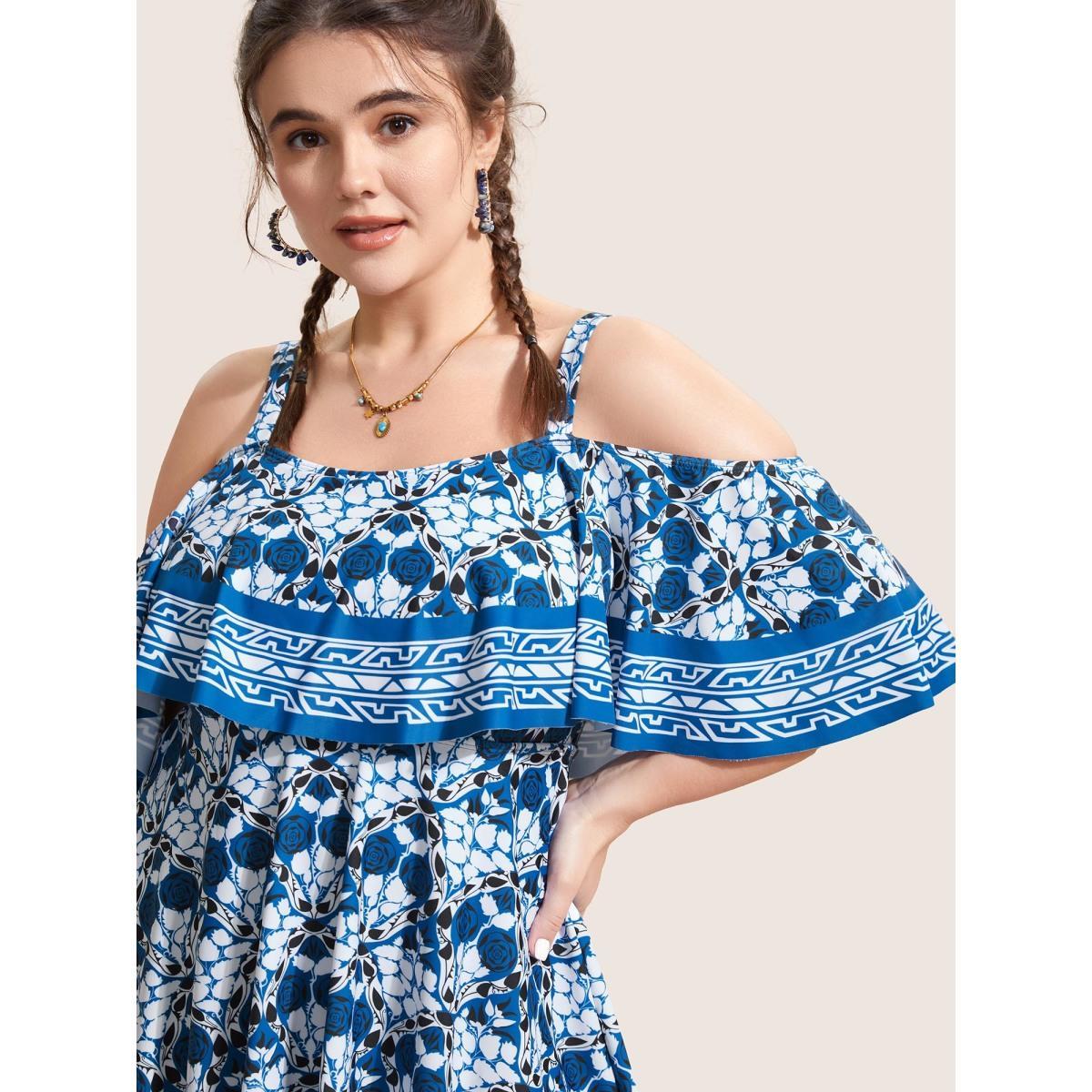 Plus Size Off Shoulder Boho Print Ruffle Trim Swim Dress Women's Swimwear Indigo Beach Bodycon One-shoulder neck High stretch Curve Swim Dresses BloomChic 28/5X Product Image