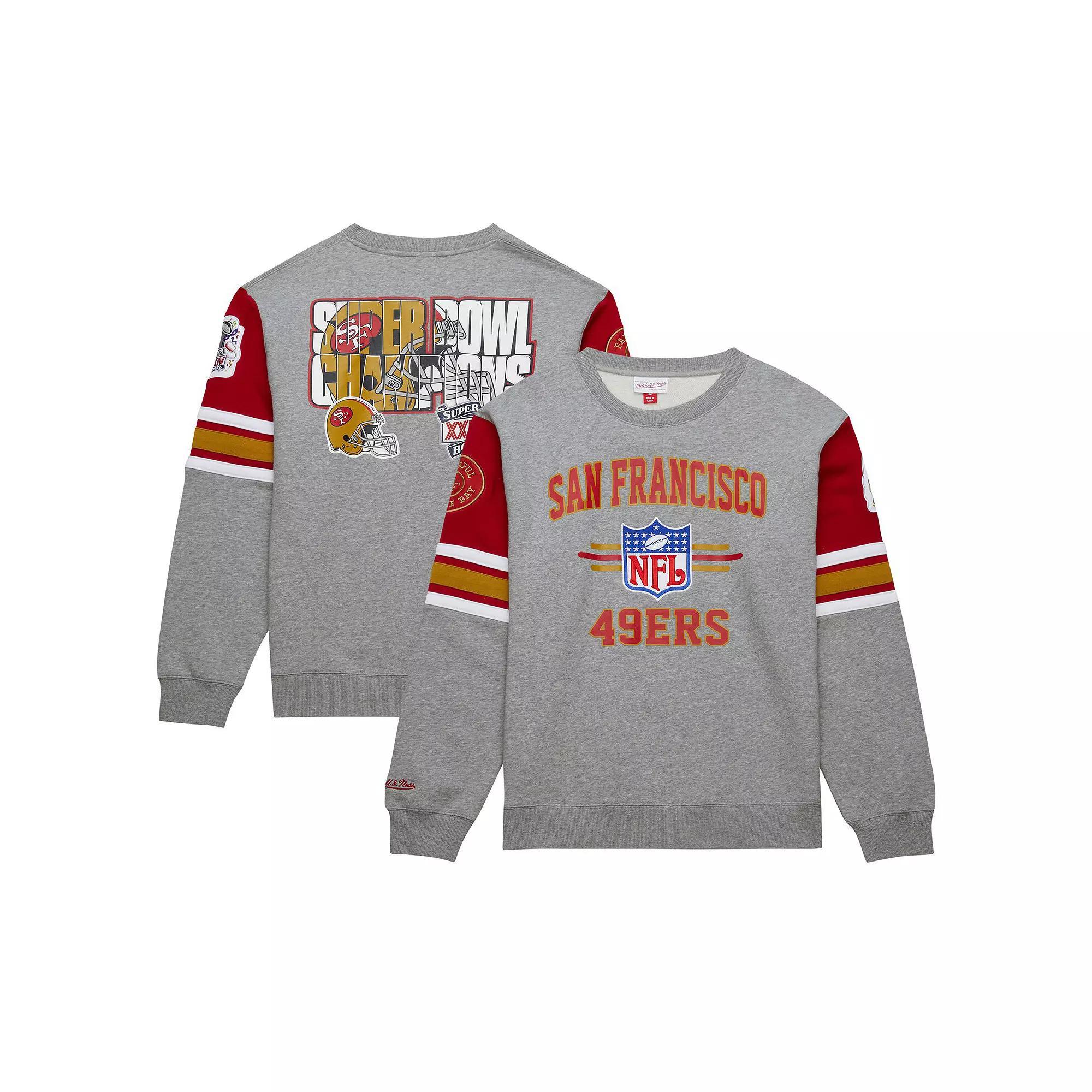 Men's Mitchell & Ness Heather Gray San Francisco 49ers All Over 4.0 Vintage Logo Pullover Sweatshirt, Size: 2XL, Grey Product Image