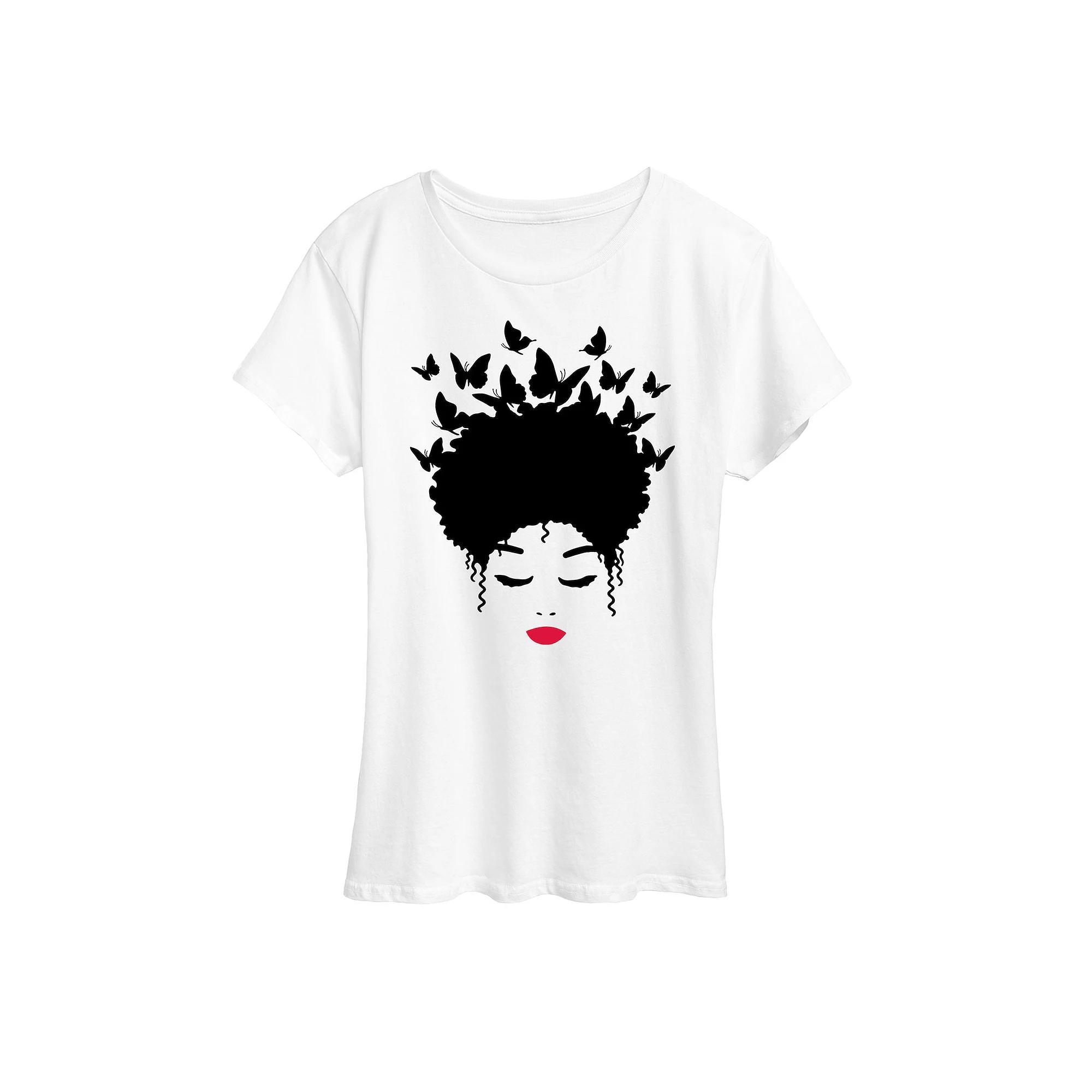Plus Woman of Color Black Butterfly Hair Graphic Tee, Womens Product Image