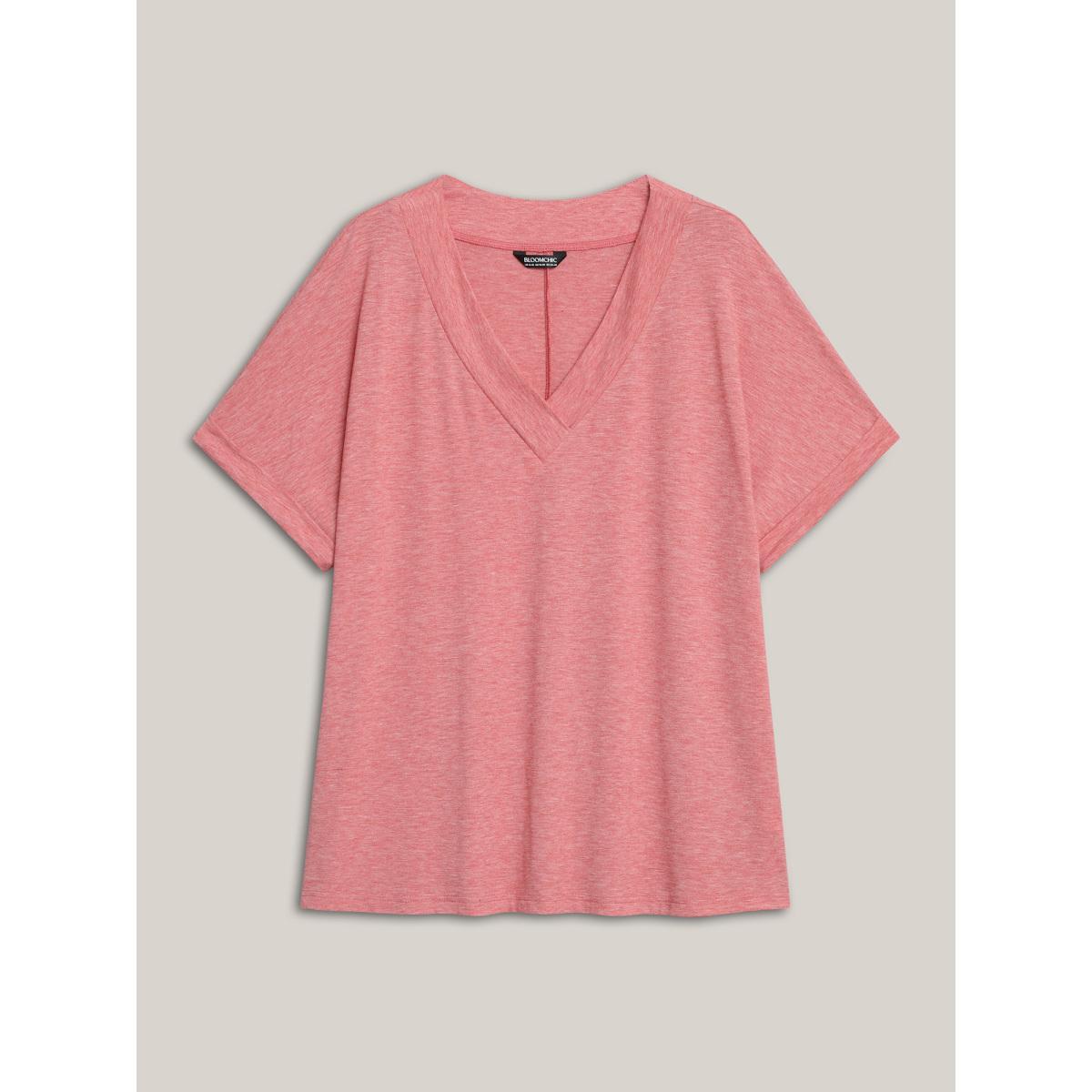 Plus Size Stretchy Heathered V-Neck Solid T-Shirt Beanpastepowder Women Casual Roll Hem V-neck Everyday T-shirts BloomChic 14-16/1X Product Image