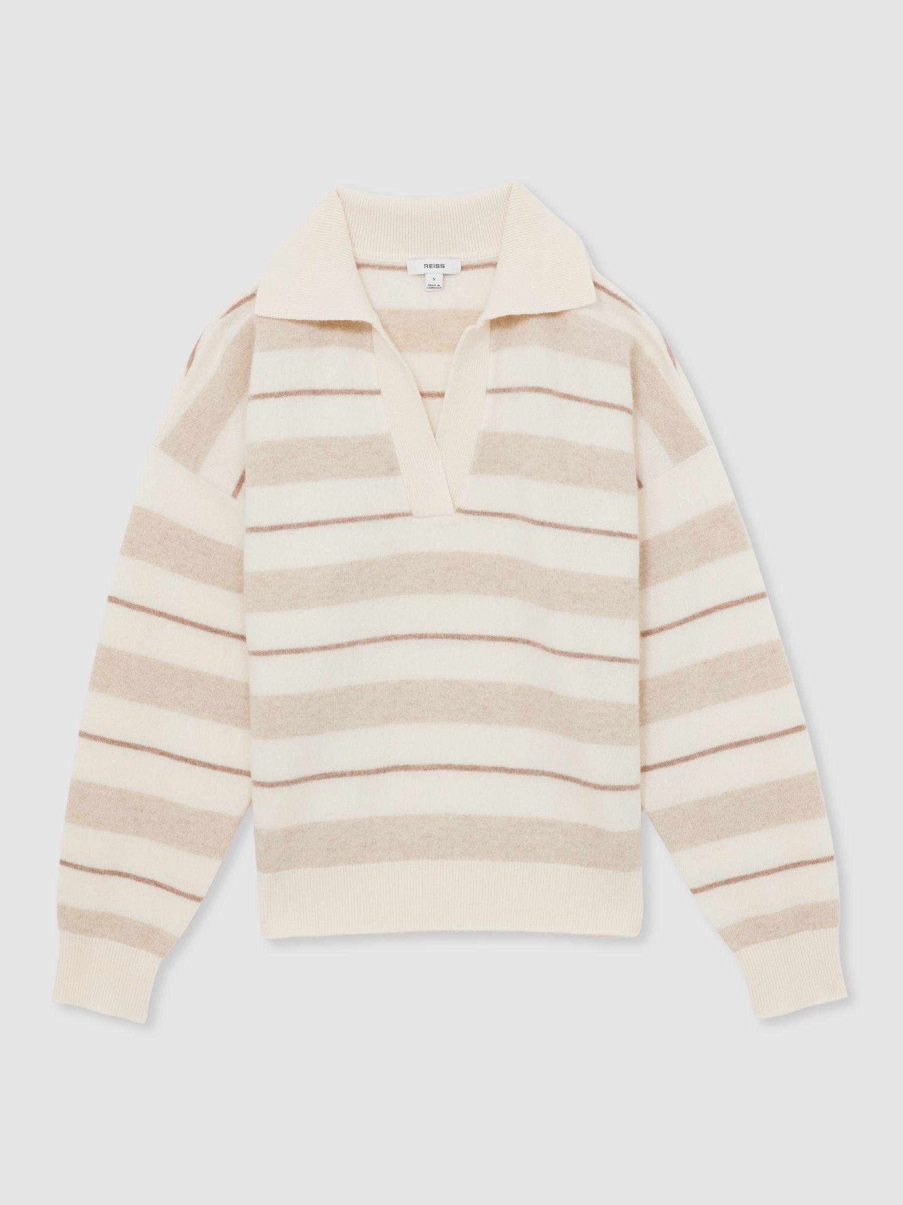 Wool-Cashmere Stripe Open-Collar Jumper in Neutral Product Image