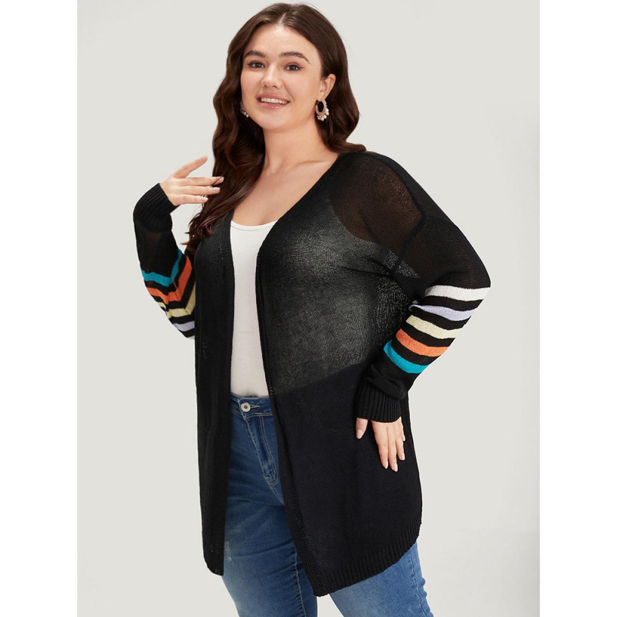 Plus Size Rainbow Striped Open Front Drop Shoulder Cardigan Black Women Casual Loose Long Sleeve Dailywear Cardigans BloomChic 10/M Product Image
