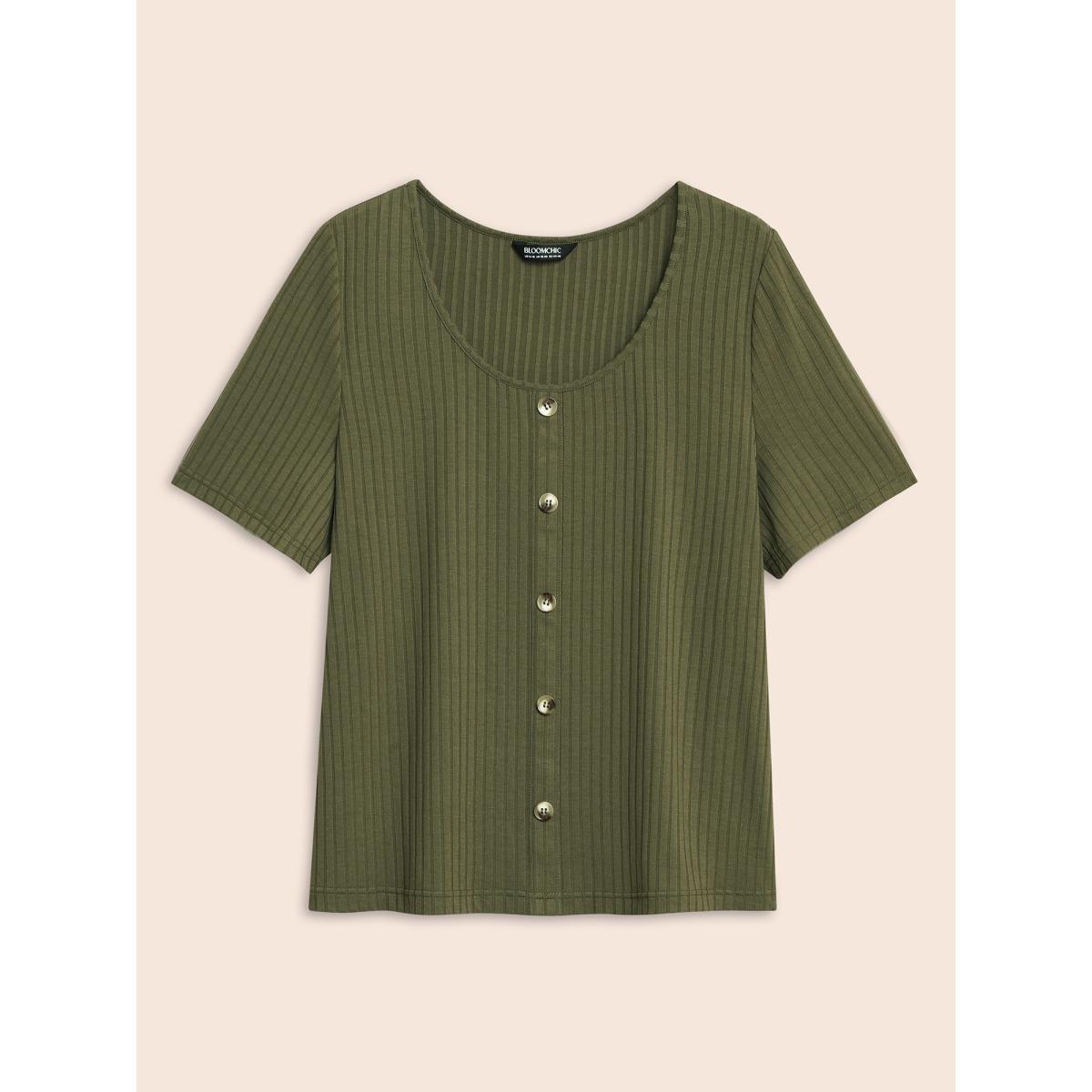 Plus Size U Neck Pit Strip Button Detail T-shirt ArmyGreen Women Elegant Texture U-neck Bodycon Everyday T-shirts BloomChic 10/M Product Image
