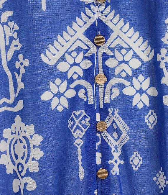 Calessa Petite Size Mesh Knit Split V-Neck 3/4 Sleeve Border Henna Print Tunic Product Image