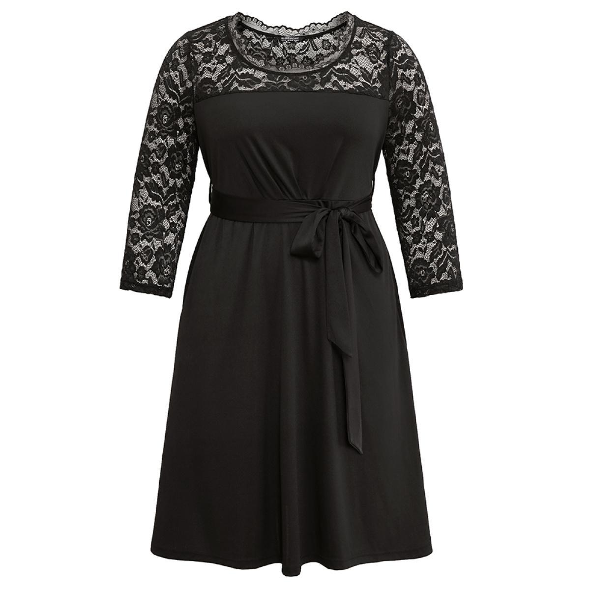 Plus Size Plain Crochet Lace Mesh Pocket Belted Dress Black Women Cocktail See through Round Neck Long Sleeve Curvy Midi Dress BloomChic 10/M Product Image