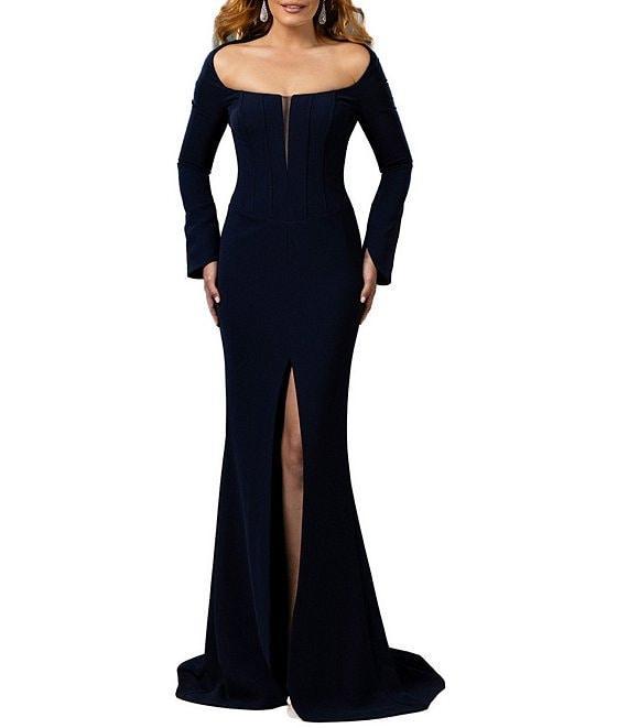 Terani Couture Scoop Neck Long Bell Sleeve Crepe Mermaid Gown Product Image