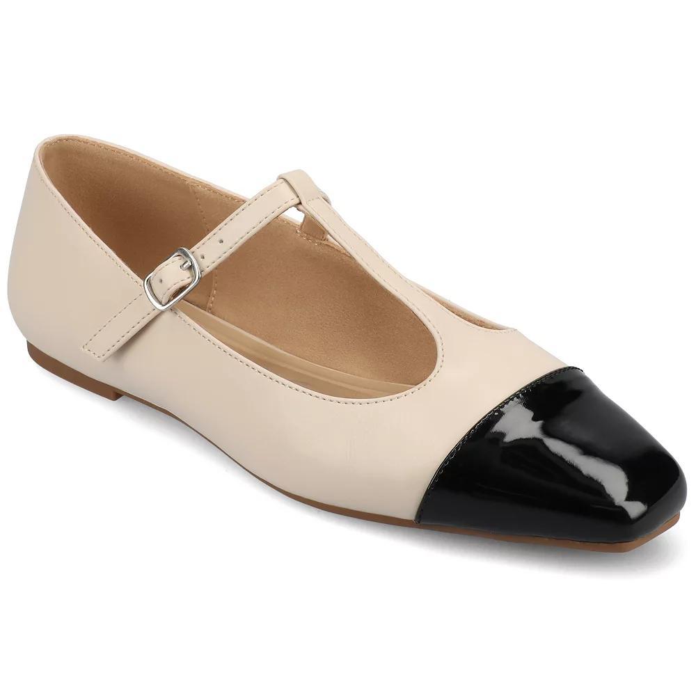 Journee Womens Theah Medium and Wide Width T-Strap Cap Toe Mary Jane Dress Flats Ivory Product Image