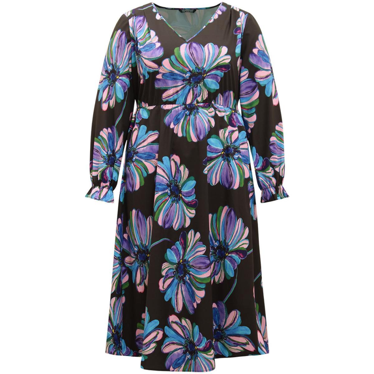 Plus Size Floral Print Flutter Trim Dress Black Women Office Printed V-neck Long Sleeve Curvy Midi Dress BloomChic 12/L Product Image