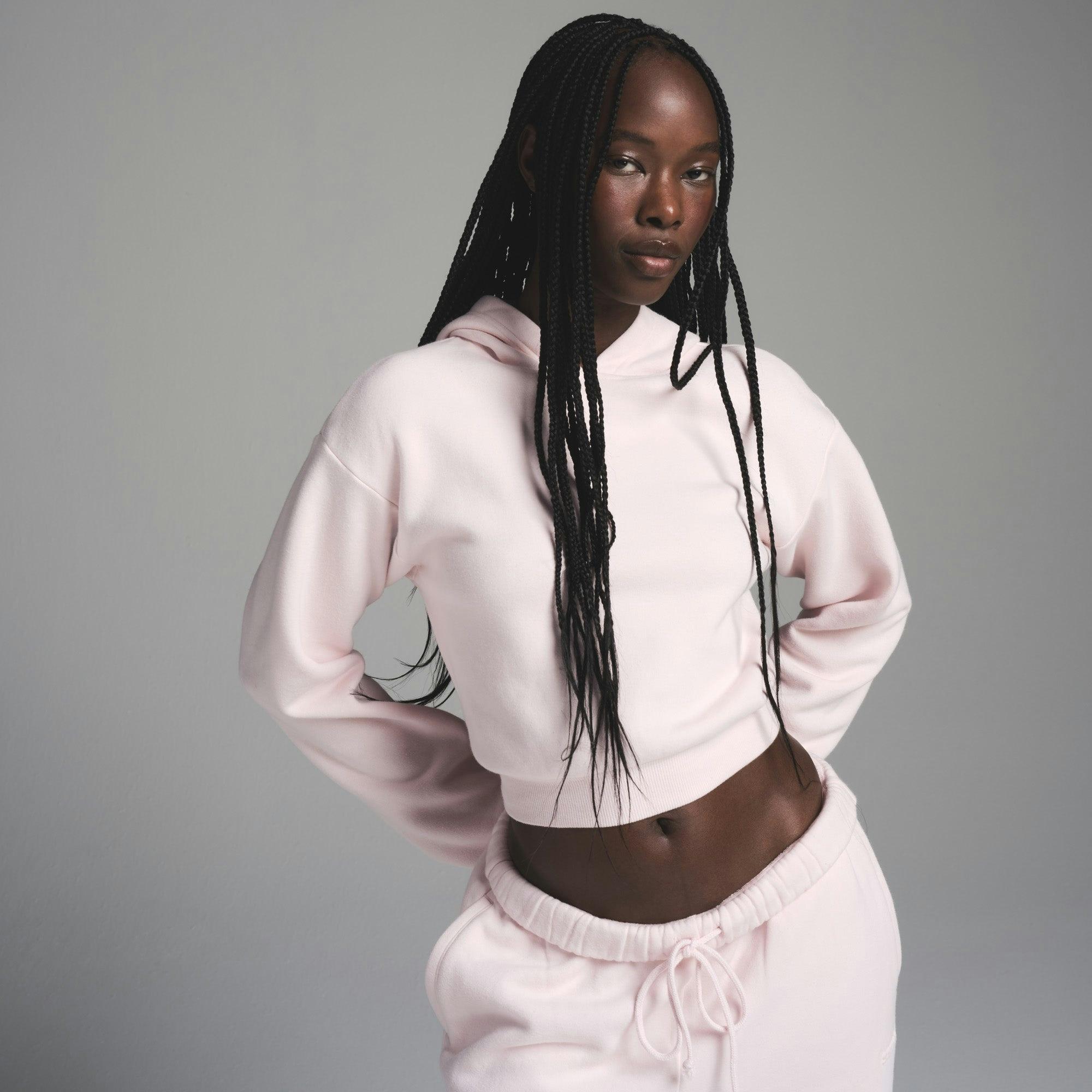 COTTON FLEECE SHRUNKEN ZIP UP HOODIE | BARELY PINK Product Image