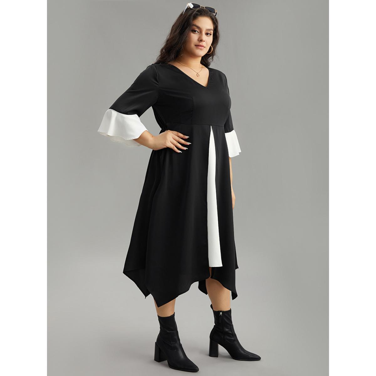 Plus Size Contrast Ruffle Sleeve Hanky Hem Dress Black Women Elegant Patchwork V-neck Elbow-length sleeve Curvy Midi Dress BloomChic 28/5X Product Image