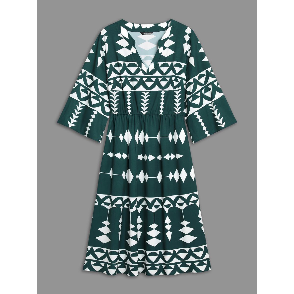 Plus Size Geometric Pattern Elastic Waist Midi Dress Cyan Women Resort Non Flat collar with V-notch Elbow-length sleeve Curvy BloomChic 18-20/2X Product Image