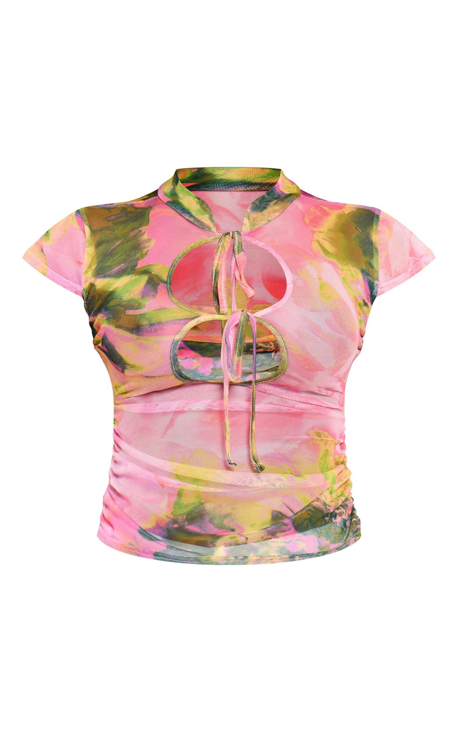 Pink Printed Mesh High Neck Cut Out Long Top Product Image