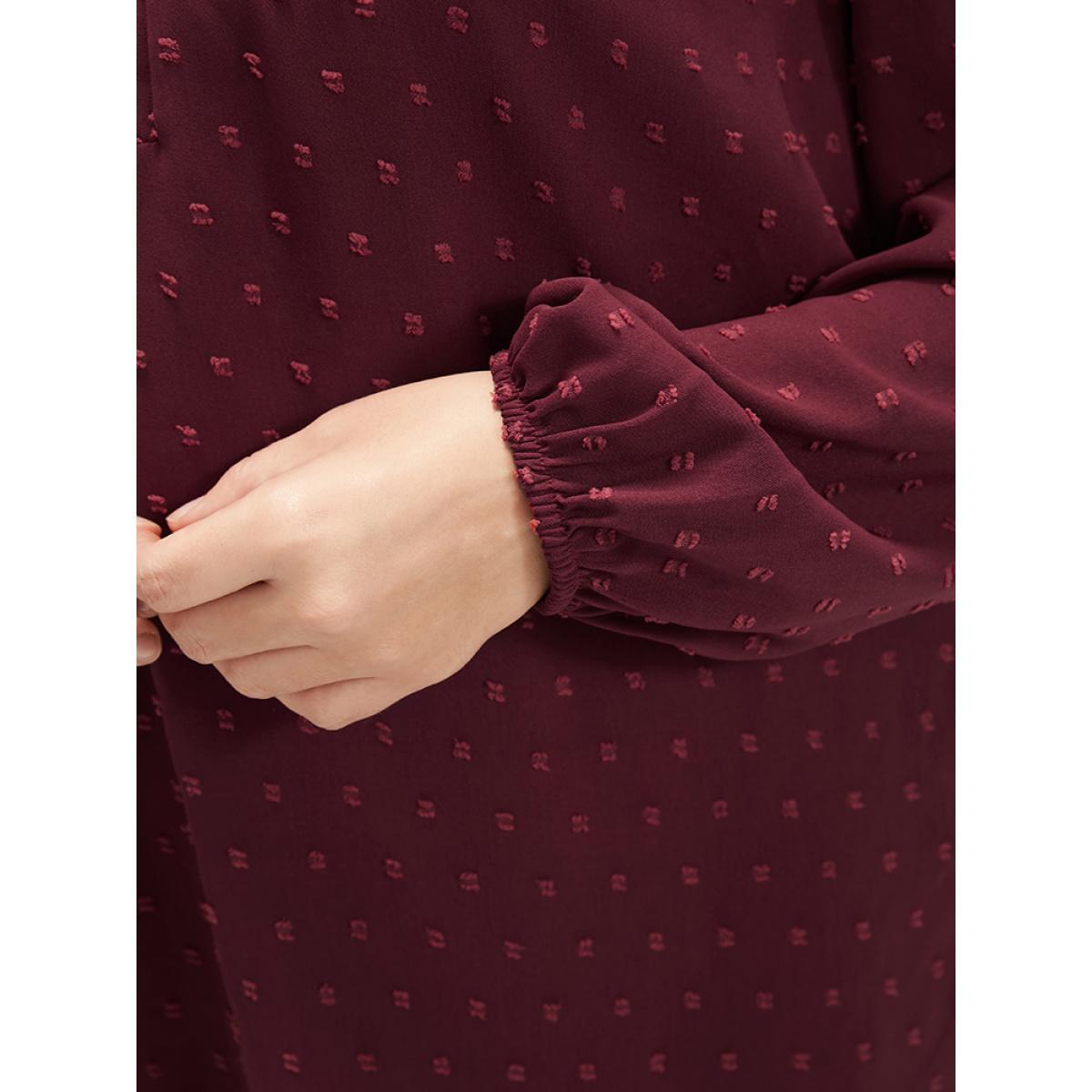 Plus Size Burgundy Polka Dot Button Detail Lantern Sleeve Arc Hem Blouse Women Office Long Sleeve V-neck Work Blouses BloomChic 18-20/2X Product Image