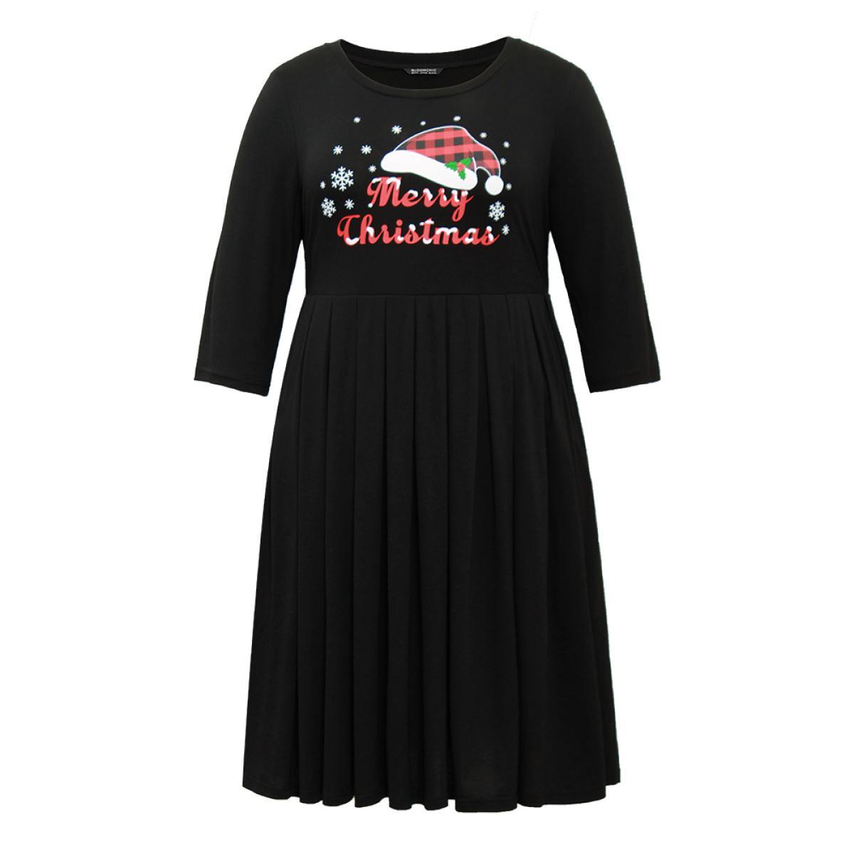Plus Size Christmas Print Plicated Detail Elastic Waist Dress Black Women Casual Printed Curvy Midi Dress BloomChic 28/5X Product Image